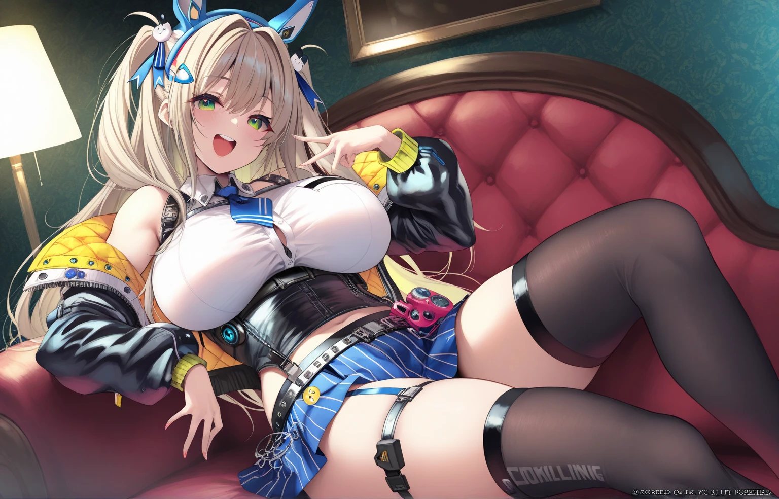 soft lighting, atmospheric, 1girl, solo, sitting, lime green eyes, (starry sky, night, city)+,protruding nipples,white legwear,thigh highs,garter straps,(gigantic_breasts:1.4), fox ears, (subsurface scattering)+, short hair, white and green pencil dress, brown beanbag chair, messy hair, grey hair, blonde hair, shoulders exposed, detached sleeves, transparent clothing, window, bookshelf, collar, necklace