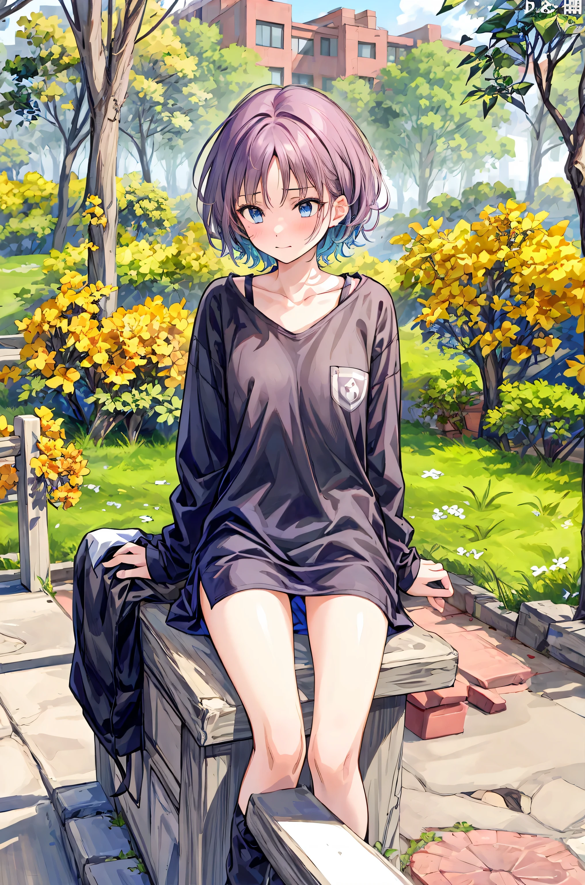 ( masterpiece), Highest Quality, cute girl leaning on a wall, is embarrassed, , Intimate moments, cute, cropped shirt, look down, High Angle, close, BREAK she says is embarrassed, she says , forest setting , cute imgae