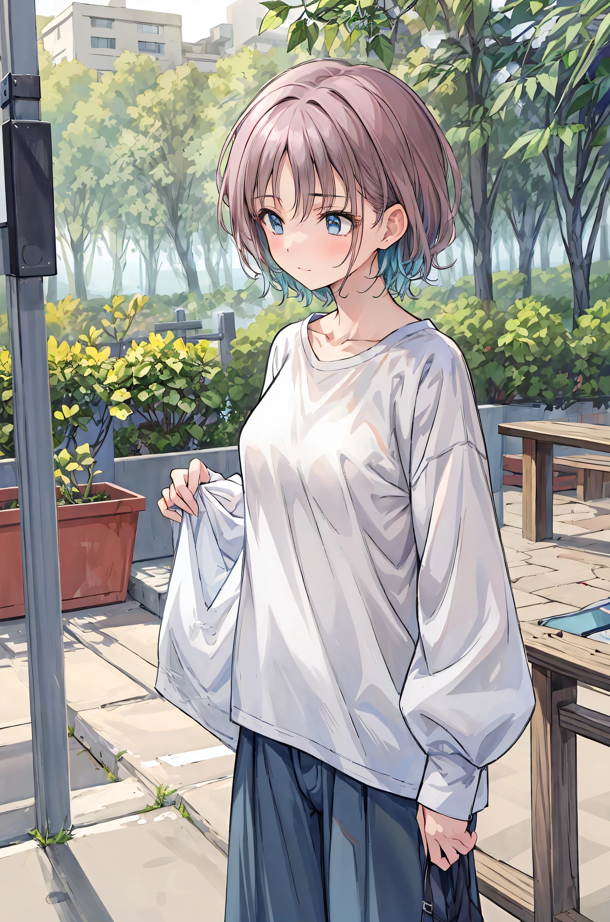 ( masterpiece), Highest Quality, cute girl leaning on a wall, is embarrassed, , Intimate moments, cute, cropped shirt, look down, High Angle, close, BREAK she says is embarrassed, she says , forest setting , cute imgae
