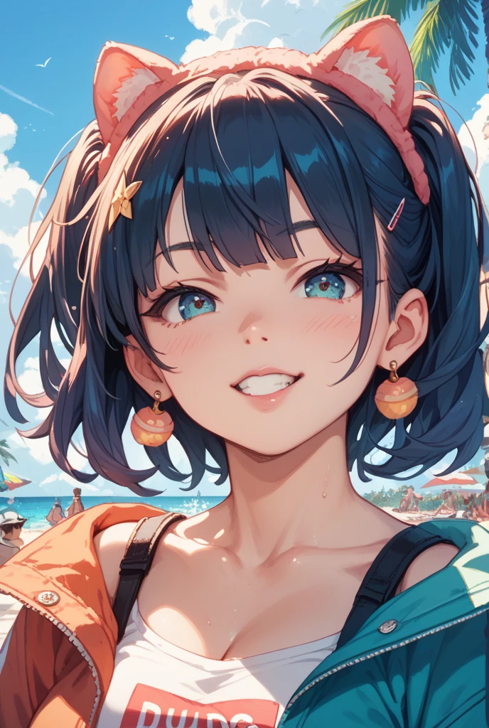 (highest quality:1.2, Very detailed, up to date, Vibrant, Ultra-high resolution, High Contrast, masterpiece:1.2, highest quality, Best aesthetics), Portraiture、girl、solo, (25-years-old:1), slim, heterrochromia, green eye, red eye, Bright colors、Beautiful fine details、Beautiful lip detail、extra short hair, ((bob cut:1.5))、pink and purple, ((streaked hair:1.9)), (highlights hair: 1.6), (Aztec-inspired-bikini:1), (medium breast:0.7), (tan skin:0.5), (happy:1), tropical beach, blue sky, blue ocean, sunshine, cowboy shot, looking forward, sexy pose, from side,