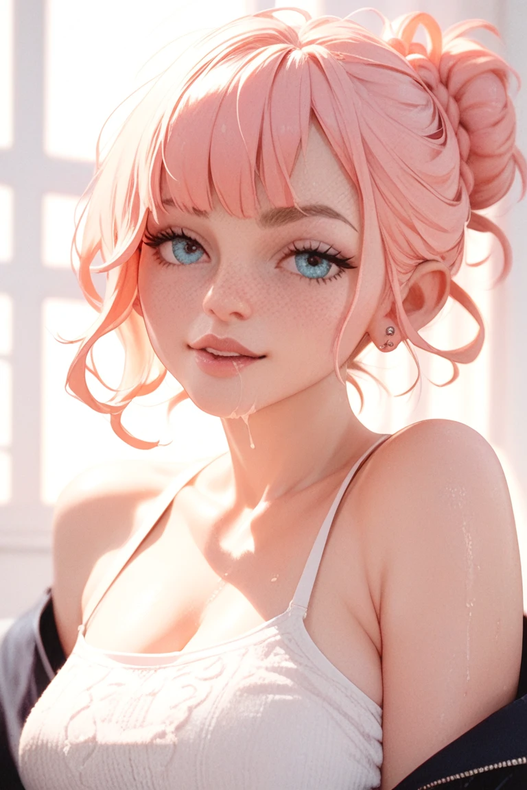 (masterpiece, best quality), intricate details, thin, ((slim)), beautiful girl, Light pink hair, light purple eyes, sharp jawline, Looking ahead , messy hair, lips, upper body, smirk, Possession for profile photo