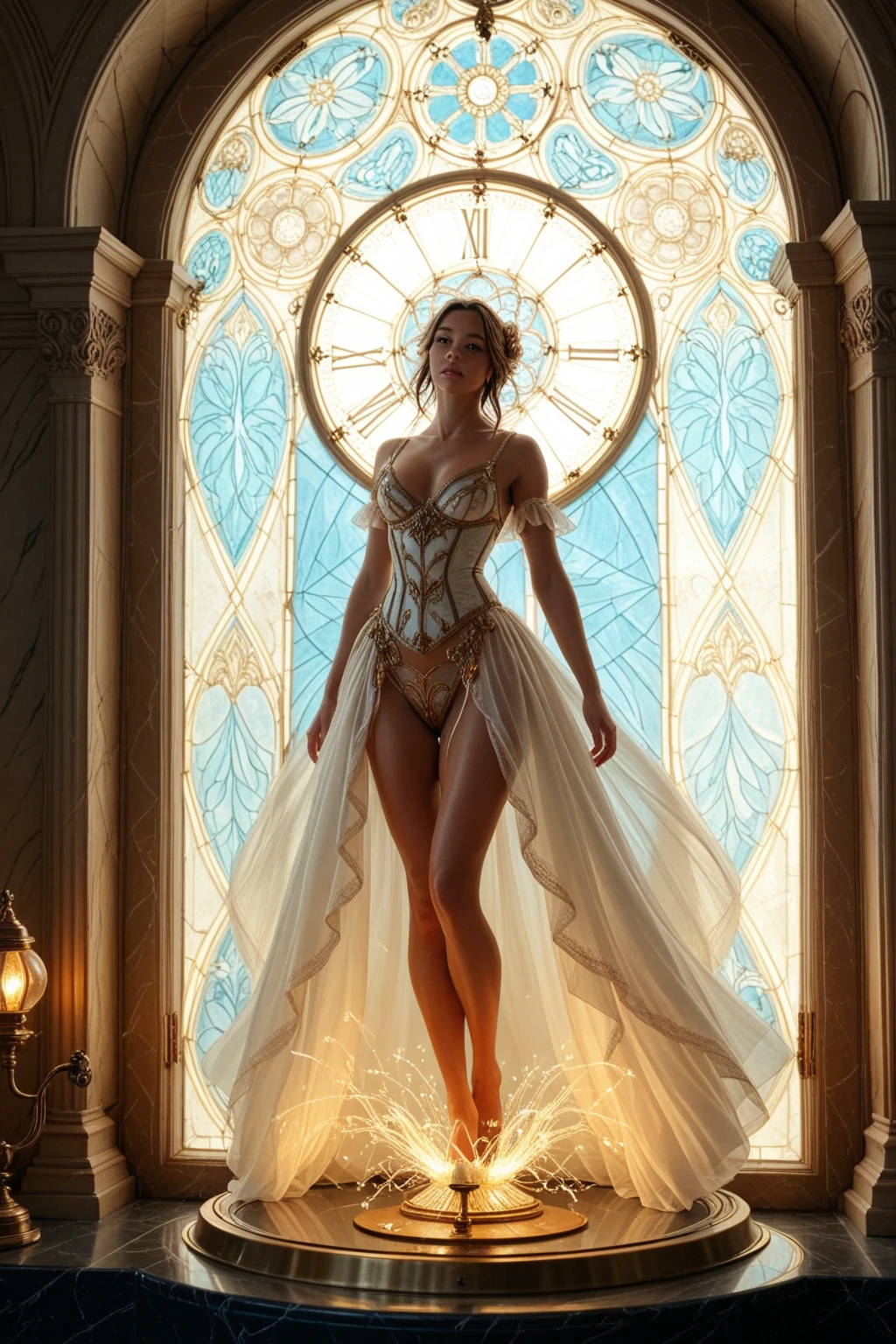 1girl,(bright lighting,romantic setting),dreamy background,,dark hair, mesmerizing gaze, , soft skin, alluring beauty, artistic portrait, high-quality image, vibrant colors,translucent long silk gown, mosquito net, romantic bedroom, sidesuspension,solobound