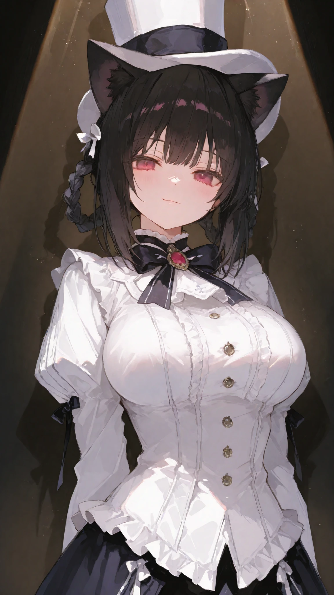 Cat Ear Girl, black hair,in light red eyes,long hair,Special white dress,big breasts,cute,smile,magician,are standing,Upper body center ,with a hat,Short hair braid,slim,Ribbon Set,long hair,,Spotlight ,Double Ponytail Braided Hair,Lolita Gothic Skirt, White Hat ,White special pants