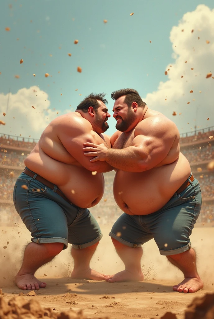 An attractive young muscular 40-year old naked man is wrestling a 20-year old fully naked fat wrestler in an arena, fierce faces, nude, showing penis, cum splatter, ((no facial hair)), facing camera