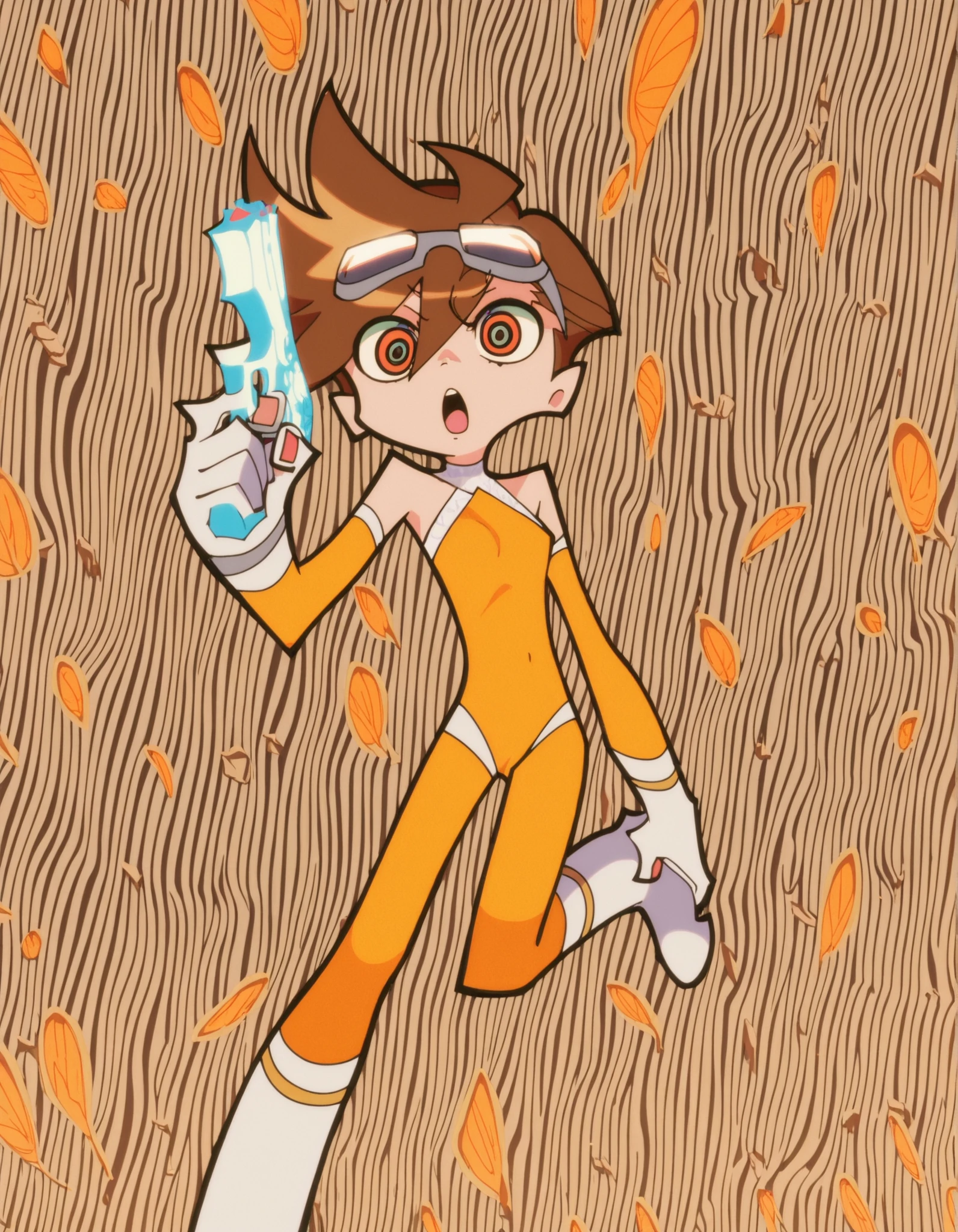 p&s style, rating_safe, score_10, sharp, anime screencap, flat shadows, flat colors, original character, short hair, brown hair, brown eyes, open mouth, half naked, bare shoulders, small breast, looking at viewers, full body, cocky attitude, holds a pistol, suggestive posing, suggestive outfit, white lingerie, white background, female, cute, wears white goggles on her head with an orange front, a transparent bodysuit under a white leotard, a white garter on her right thigh, white boots with an orange front shaped like muzzle of a gun, wears white gloves with orange palms, white elbow pads, nsfw, suggestive