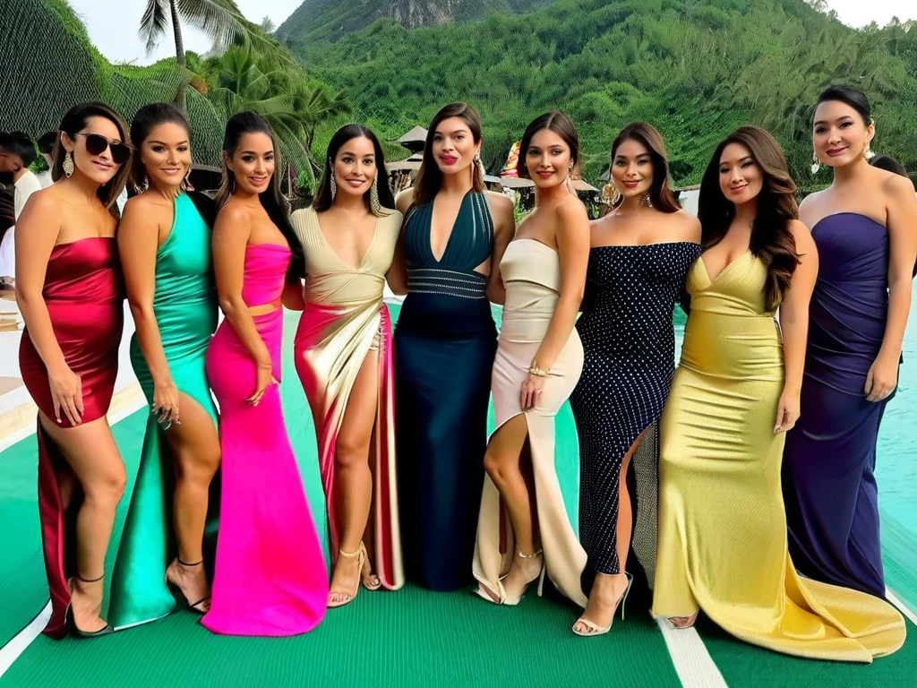a group of beautiful women on New Year's Eve, dressed for fancy party (satin or sequined evening gowns, high heels), running a Tough Mudder in the rain, long dresses, wet hair, wet dresses, muddy dresses (((muddy))) (((drenched))) (((soaked))) (((disheveled))) (((clinging)))