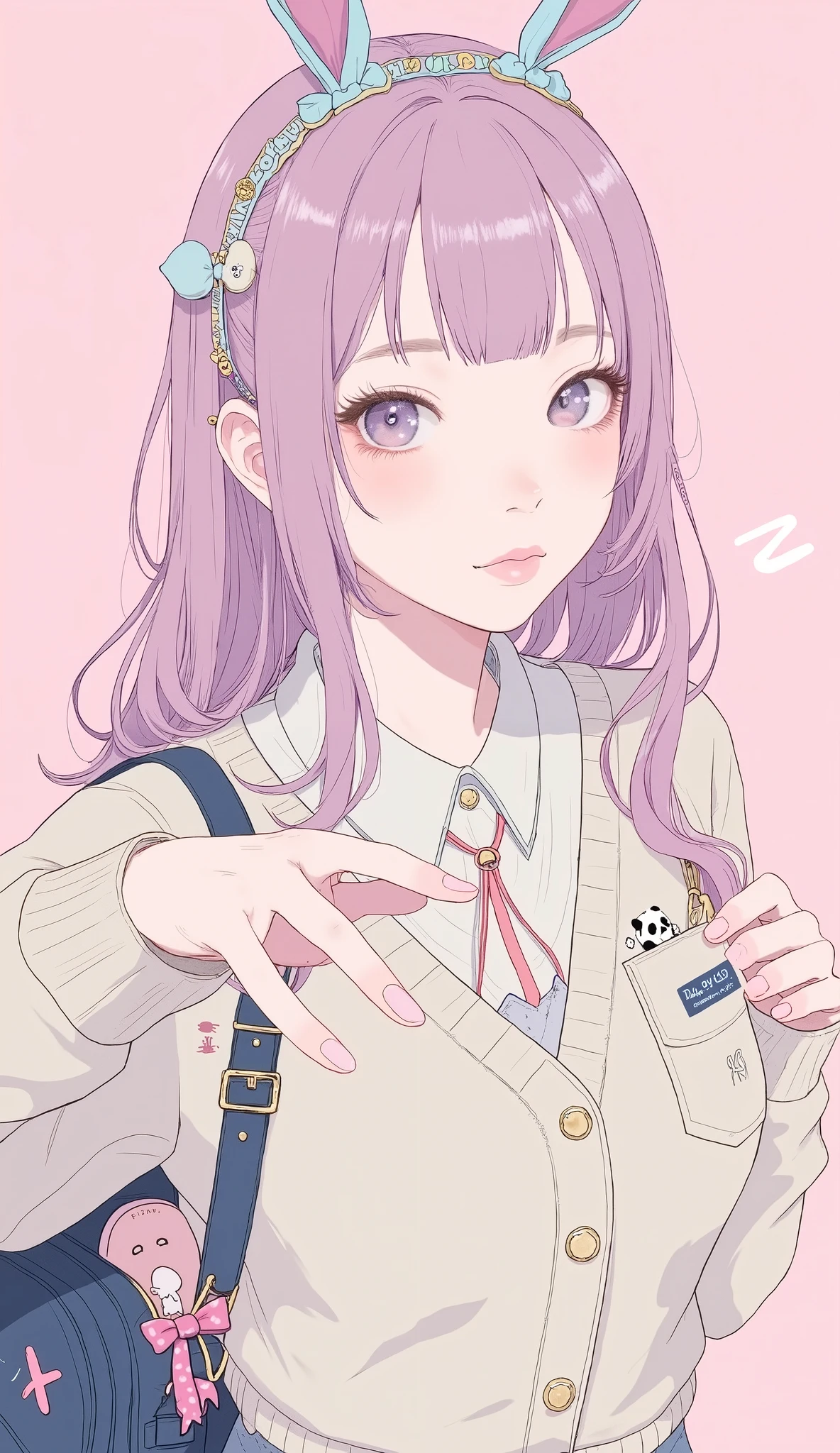 with, stretch her right arm forward with her finger、Panda charm and brand name. long pastel pink hair、with waves and a hint of lavender tone Elegantly styled。, adorned with a decorative hair band featuring a small ribbon. on top of her collared shirt、She's wearing a cream-colored cardigan that comes with、makes the tie visible. 。The left pocket of the garment is adorned with cute themed accessories, creating a playful and cheerful atmosphere "Highest." her cuffs have a comfortable texture with slightly ribbed cuffs. A、A navy blue bag with playful pink is hung。polka dot ribbon and small plush toy, adds a bit of humor. The soft pink background enhances her pastel aesthetic, peace sign including a colorful keychain.