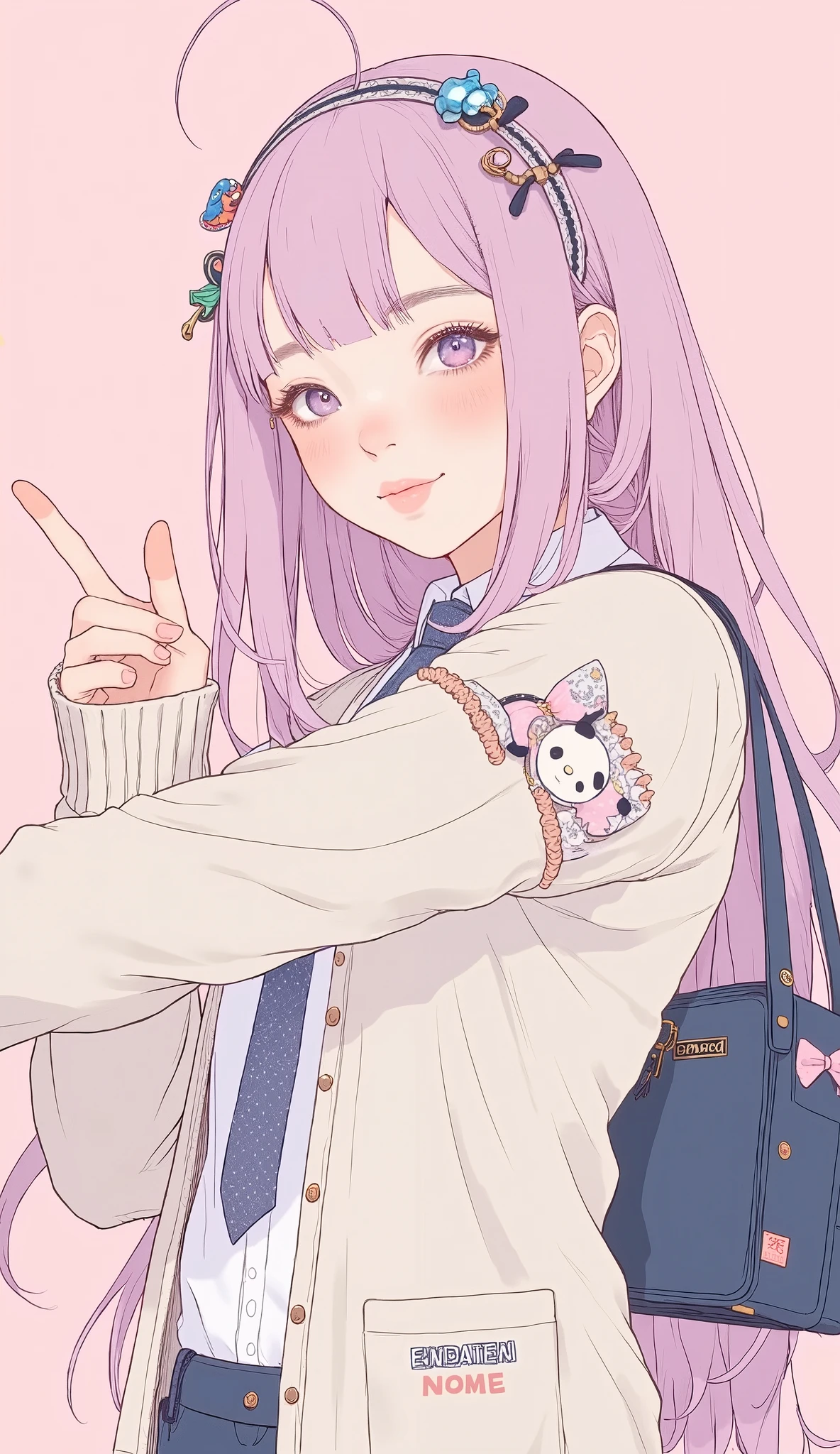 with, stretch her right arm forward with her finger、Panda charm and brand name. long pastel pink hair、with waves and a hint of lavender tone Elegantly styled。, adorned with a decorative hair band featuring a small ribbon. on top of her collared shirt、She's wearing a cream-colored cardigan that comes with、makes the tie visible. 。The left pocket of the garment is adorned with cute themed accessories, creating a playful and cheerful atmosphere "Highest." her cuffs have a comfortable texture with slightly ribbed cuffs. A、A navy blue bag with playful pink is hung。polka dot ribbon and small plush toy, adds a bit of humor. The soft pink background enhances her pastel aesthetic, peace sign including a colorful keychain.