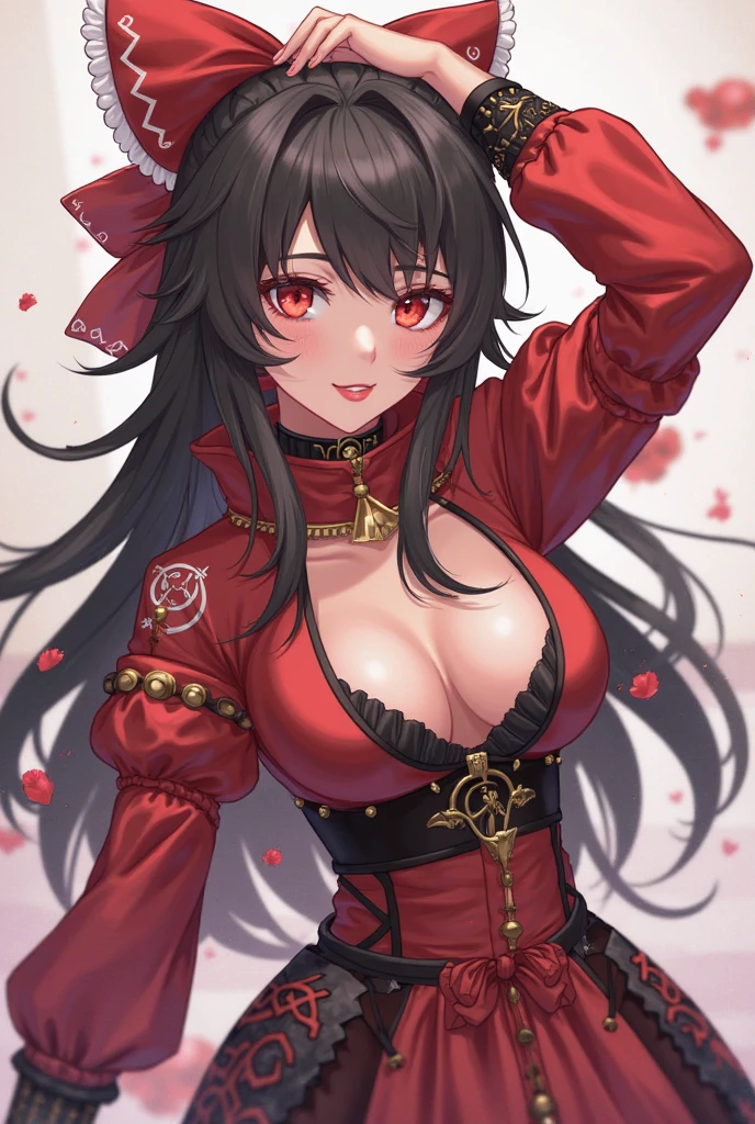 a close up of a woman in a red dress with chains around her waist, rin tohsaka, gapmoe yandere grimdark, albedo from overlord, portrait gapmoe yandere grimdark, shalltear from overlord, morrigan, by Jin Homura, gapmoe yandere, albedo from the anime overlord
