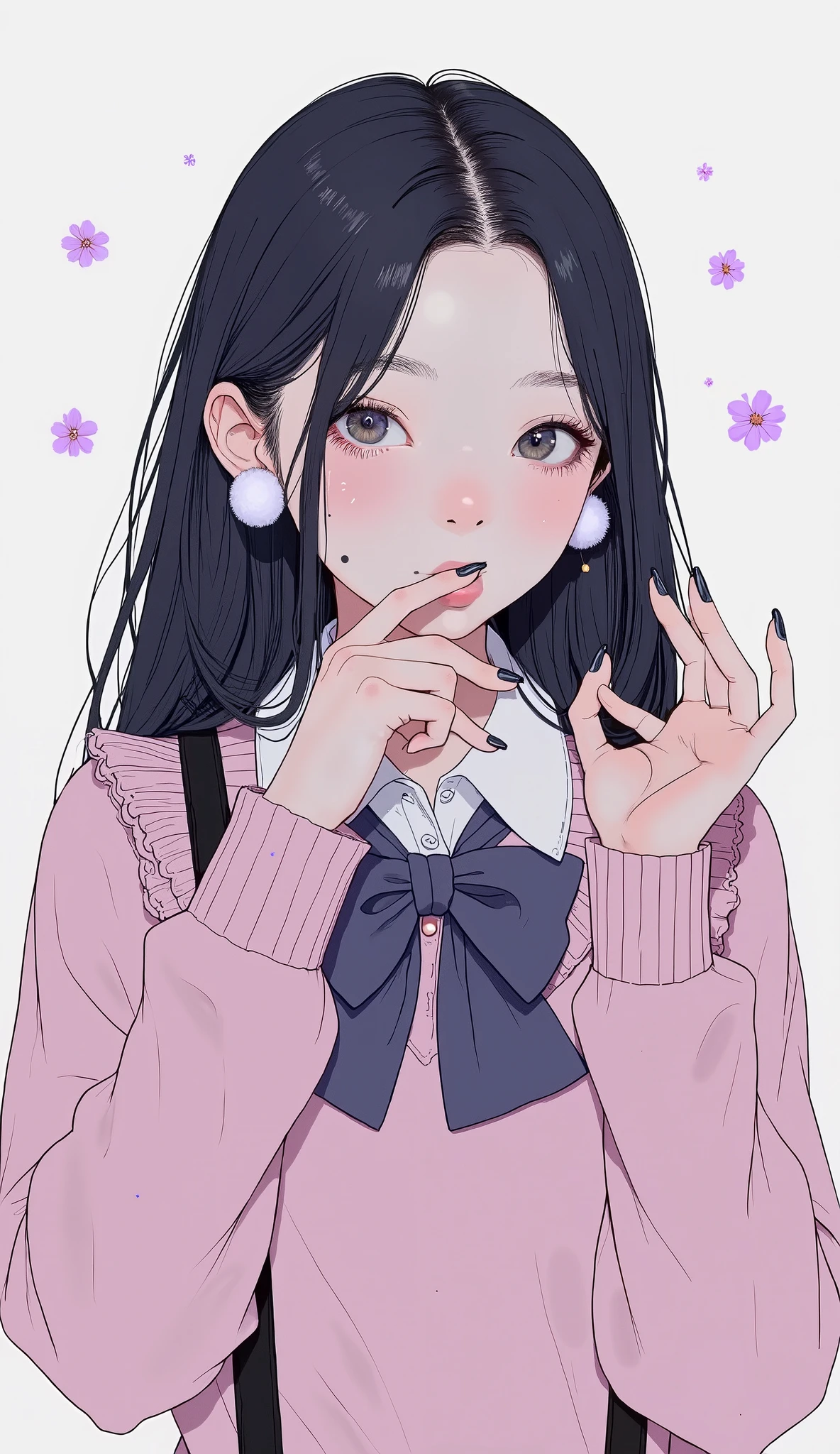 animated meme style illustrations、with faint purple highlights、long, 流れるような黒い髪のlikeい女性が描かれています. and a few more floral appliques, in、with white trim Cozy pink sweater, soft, like々Seems見た目. crisp white blouse A large dark blue bow peeks out from under the sweater. her attitude is playful, that shows small breasts。手の位置はクリエイティブin、パステルカラーパレットと柔らかな質感in強調されています. She has delicate hands、black nail polish. fluffy white earrings、adds a bit of whimsy along with discreet accessories. black shoulder straps、shows that she might have a bag or purse, that shows small breastsが、this element is partially invisible. 画像の全体的なムードは気まぐれinlike々Seems, パステルカラーパレットと柔らかな質感in強調されています.