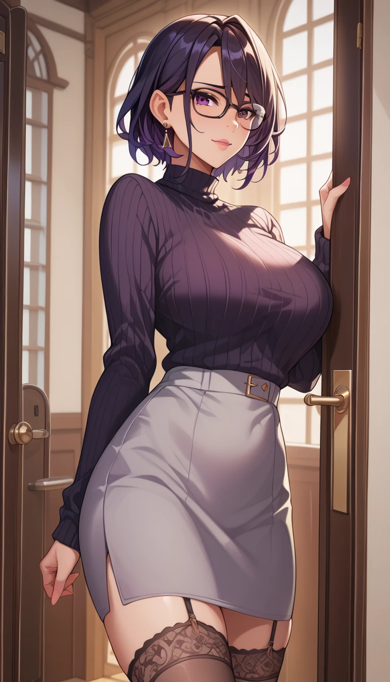 (NSFW), Misae Nohara, full body, thick thighs, hourglass figure, half naked, sexy legs, Looking at the viewer with seductive eyes, brown serious eyes, Misae Nohara, exposed breasts, 1girl, solo, wearing a transparent sequin dress, black stockings, lingerie clothing, looking at the viewer, vibrant lighting, (Background: Indoors, night club, bar), hard nipples, exposed vagina, best quality, highres, bbyorf, large breasts, off shoulder, long sleeves, no panties, indoors,