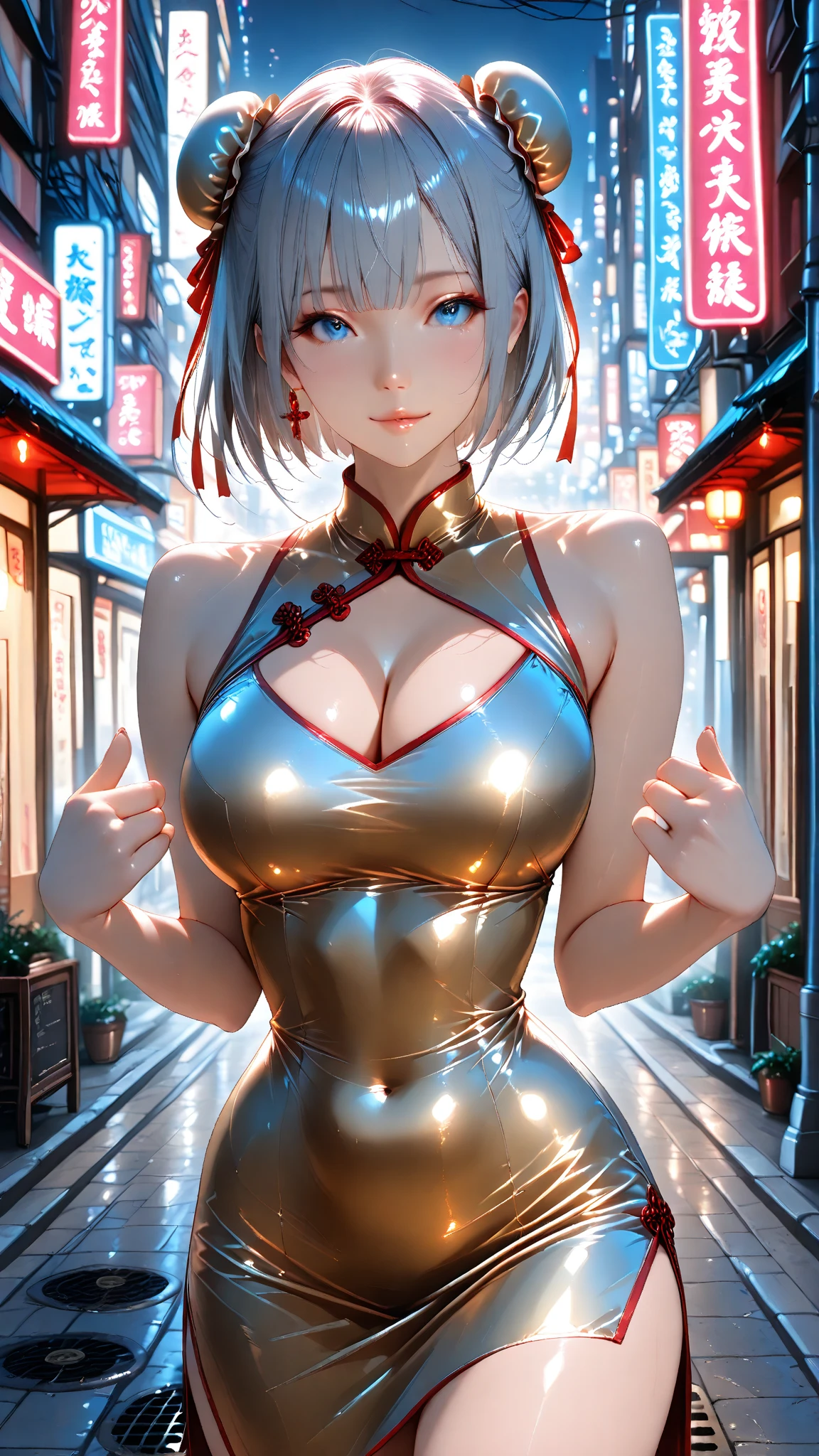 young girl 16 years old, short silver bob hair, hair flower, sharp bangs between the eyes, yellow eyes, eyes large, confident looking. ((traditional chinese imperial clothes black with gold details,)) ((red skirt)) black thigh high socks. empowered pose, confident pose, chin up. medium breasts, fine legs, ((slenderbody,)). point of view from above, view from side, side point of view, on the street of a Japanese city, at night, with full moon in the background, light reflecting on the sexy and sweaty body. (((sweat)))