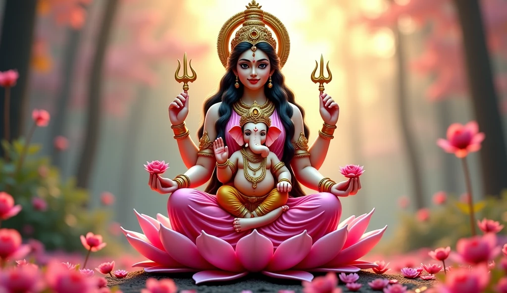 Goddess Uma Devi has piercing black eyes and wears a pink dress. She sits holding Lord Ganesha in a loving embrace. She has 4 hands on each side, 5 fingers on each side. one hand holding gold One hand holding a lotus One hand holds a trident. One hand holding a lotus One hand holds a khan sitting on a red rose throne Surrounded by heavenly flower gardens Surrounded by a lot of money