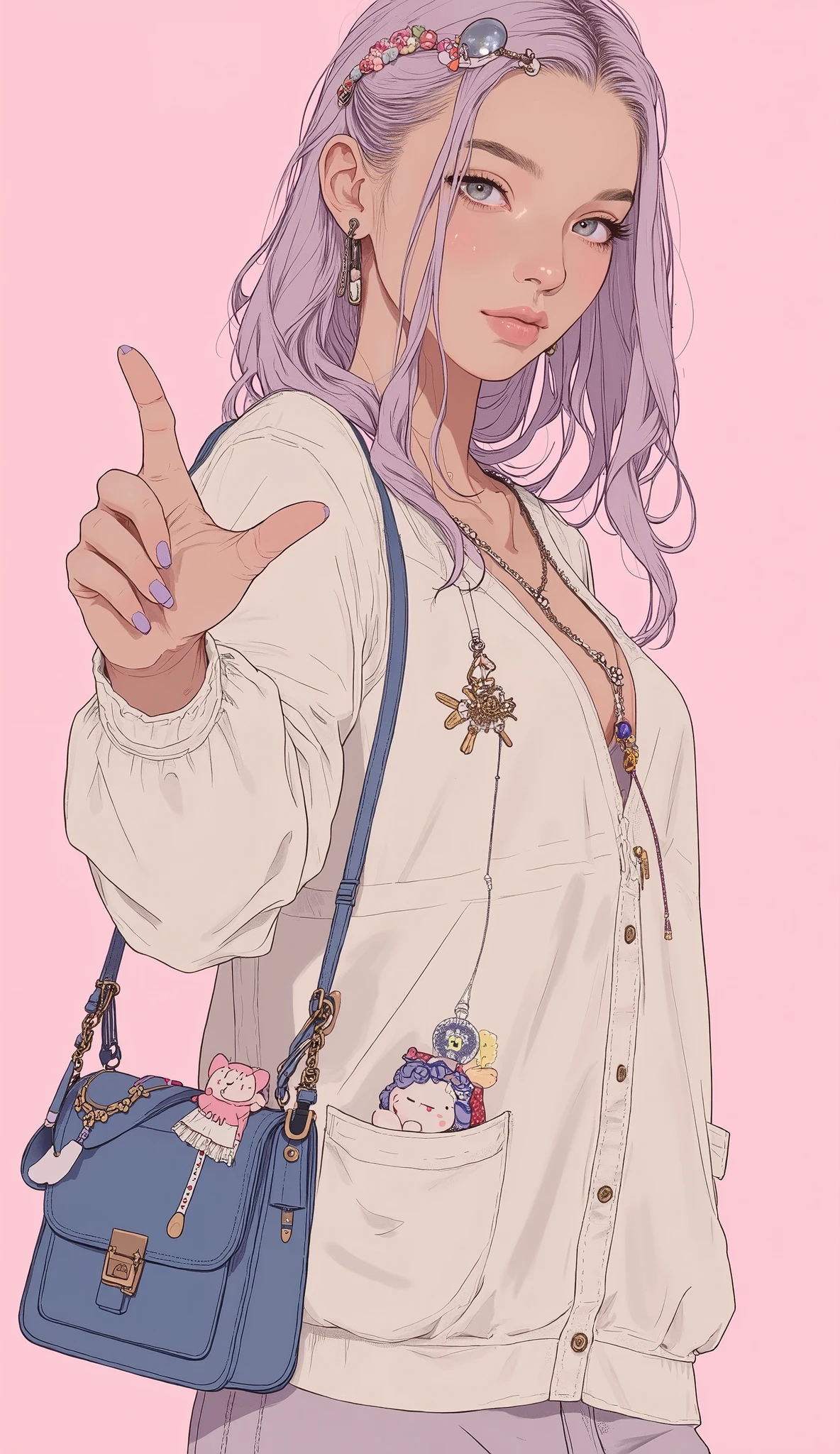 A confident young tanned woman is standing, stretch her right arm forward with her finger、Panda charm and brand name. long pastel pink hair、with waves and a hint of lavender tone Elegantly styled。, adorned with a decorative hair band featuring a small ribbon. on top of her collared shirt、She's wearing a cream-colored cardigan that comes with、makes the tie visible. 。The left pocket of the garment is adorned with cute themed accessories, creating a playful and cheerful atmosphere "Highest." her cuffs have a comfortable texture with slightly ribbed cuffs. A、A navy blue bag with playful pink is hung。polka dot ribbon and small plush toy, adds a bit of humor. The soft pink background enhances her pastel aesthetic, peace sign including a colorful keychain.