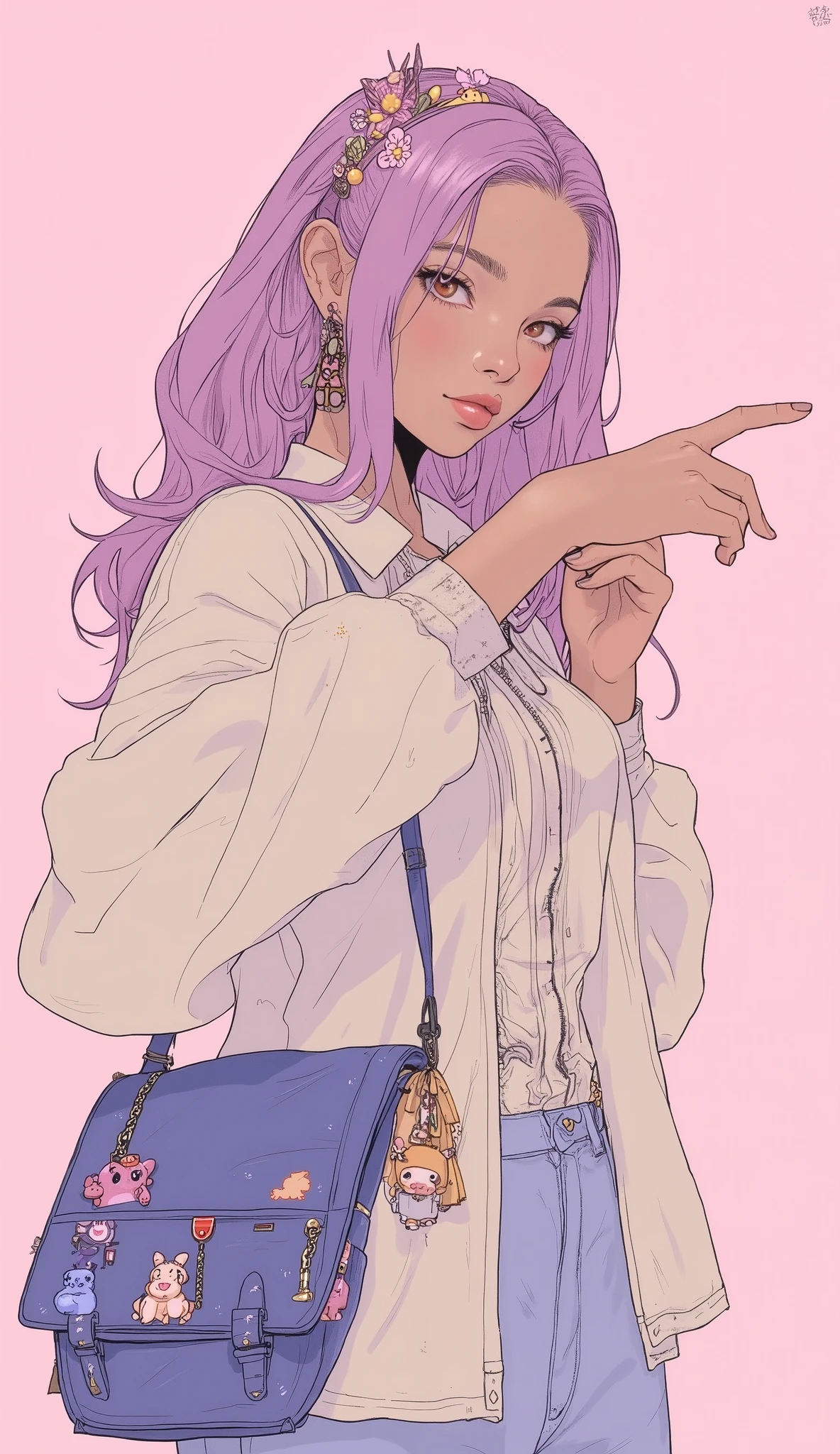 A confident young tanned woman is standing, stretch her right arm forward with her finger、Panda charm and brand name. long pastel pink hair、with waves and a hint of lavender tone Elegantly styled。, adorned with a decorative hair band featuring a small ribbon. on top of her collared shirt、She's wearing a cream-colored cardigan that comes with、makes the tie visible. 。The left pocket of the garment is adorned with cute themed accessories, creating a playful and cheerful atmosphere "Highest." her cuffs have a comfortable texture with slightly ribbed cuffs. A、A navy blue bag with playful pink is hung。polka dot ribbon and small plush toy, adds a bit of humor. The soft pink background enhances her pastel aesthetic, peace sign including a colorful keychain.