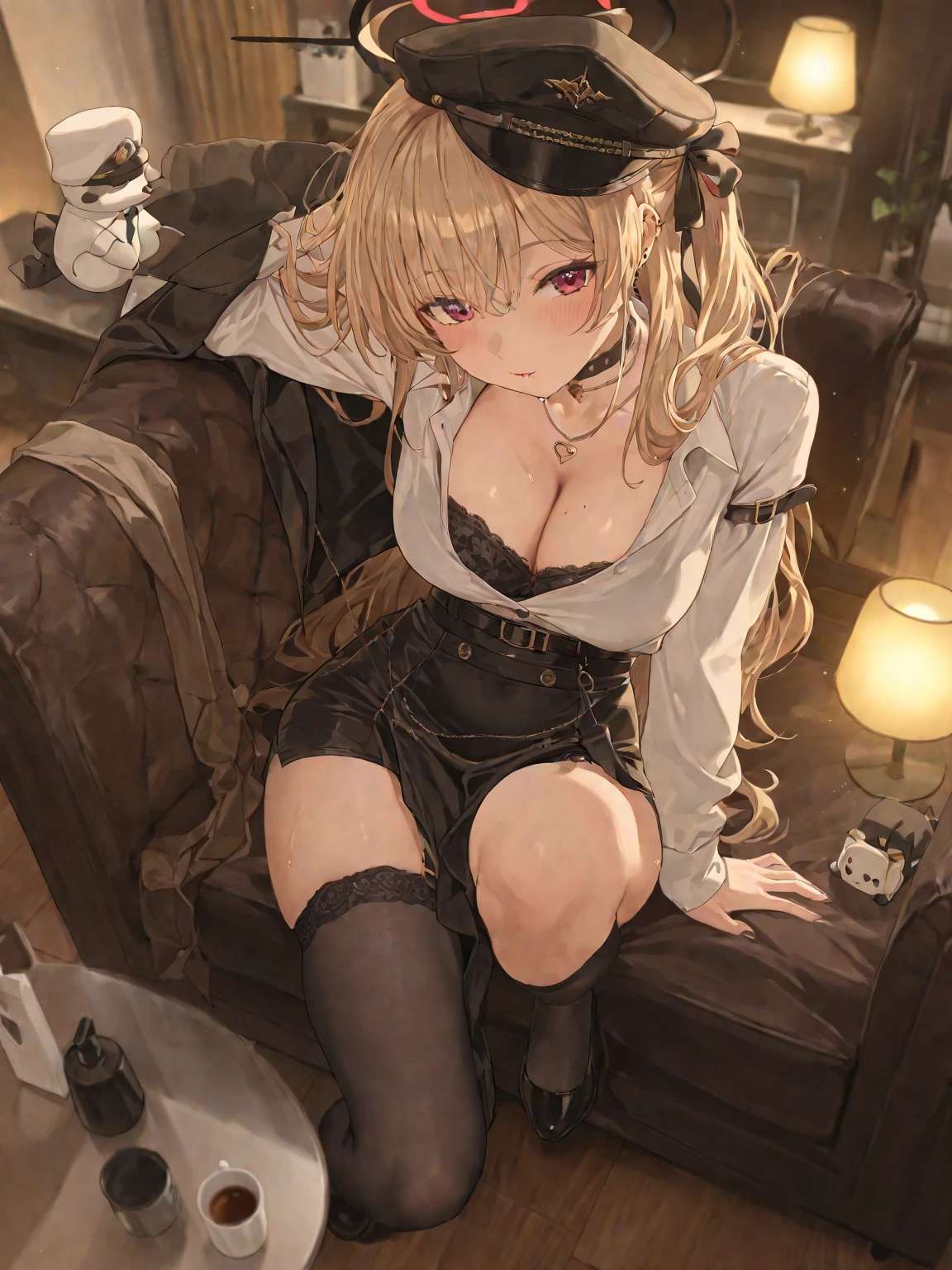 Two-dimensional tall and thin body, breast enlargement, sexy character full body photo, chest wrapped in transparent film, prominent silhouette, heart-shaped pupils, hair ribbon, maid headdress, full blush, heart in eye, saliva trail, chin grab, nose blush --auto