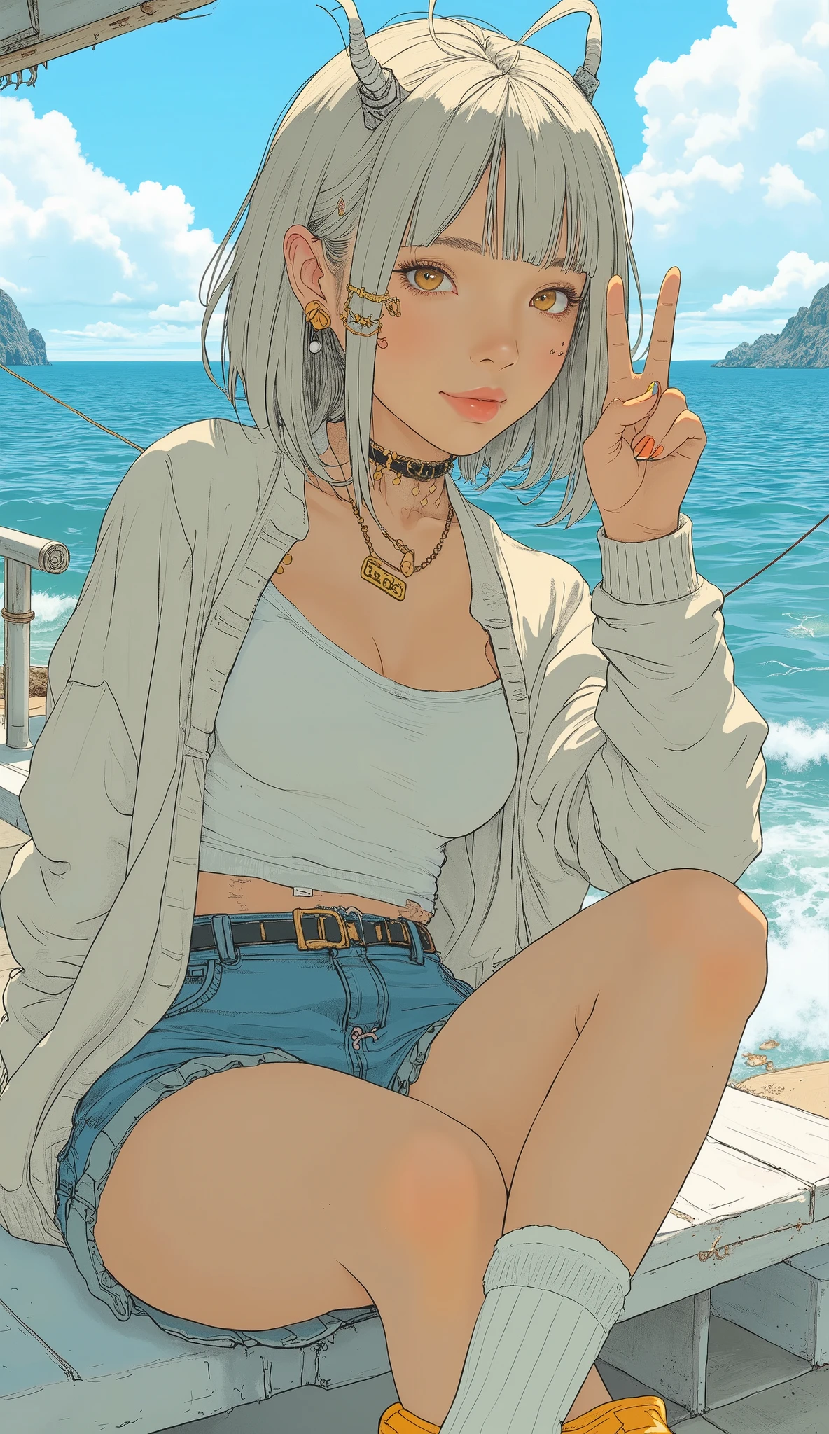 (masterpiece, high resolution, 2K resolution, Ridiculous Quality, Highest Quality), cowboy shot showing waves, portrait, BREAK, short, Gal, Gal, Blonde, cute ribbon, necklace, earrings, (in High School Uniforms, is wearing a cardigan), JK, tanned skin, short white socks, Yellow converse , peace sign, rimless, portrait, full body, golden eyes,