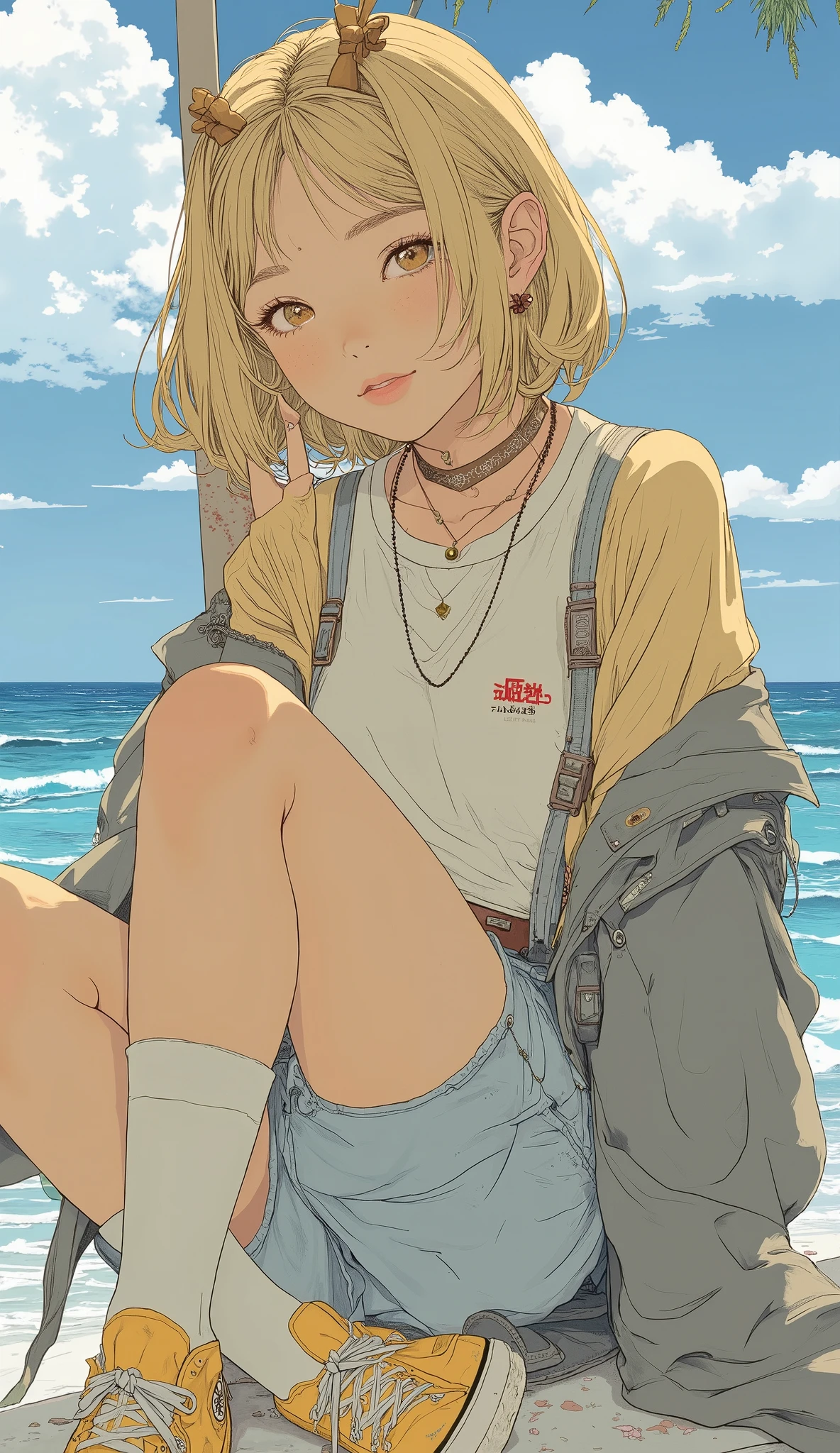 (masterpiece, high resolution, 2K resolution, Ridiculous Quality, Highest Quality), cowboy shot showing waves, portrait, BREAK, short, Gal, Gal, Blonde, cute ribbon, necklace, earrings, (in High School Uniforms, is wearing a cardigan), JK, tanned skin, short white socks, Yellow converse , peace sign, rimless, portrait, full body, golden eyes,