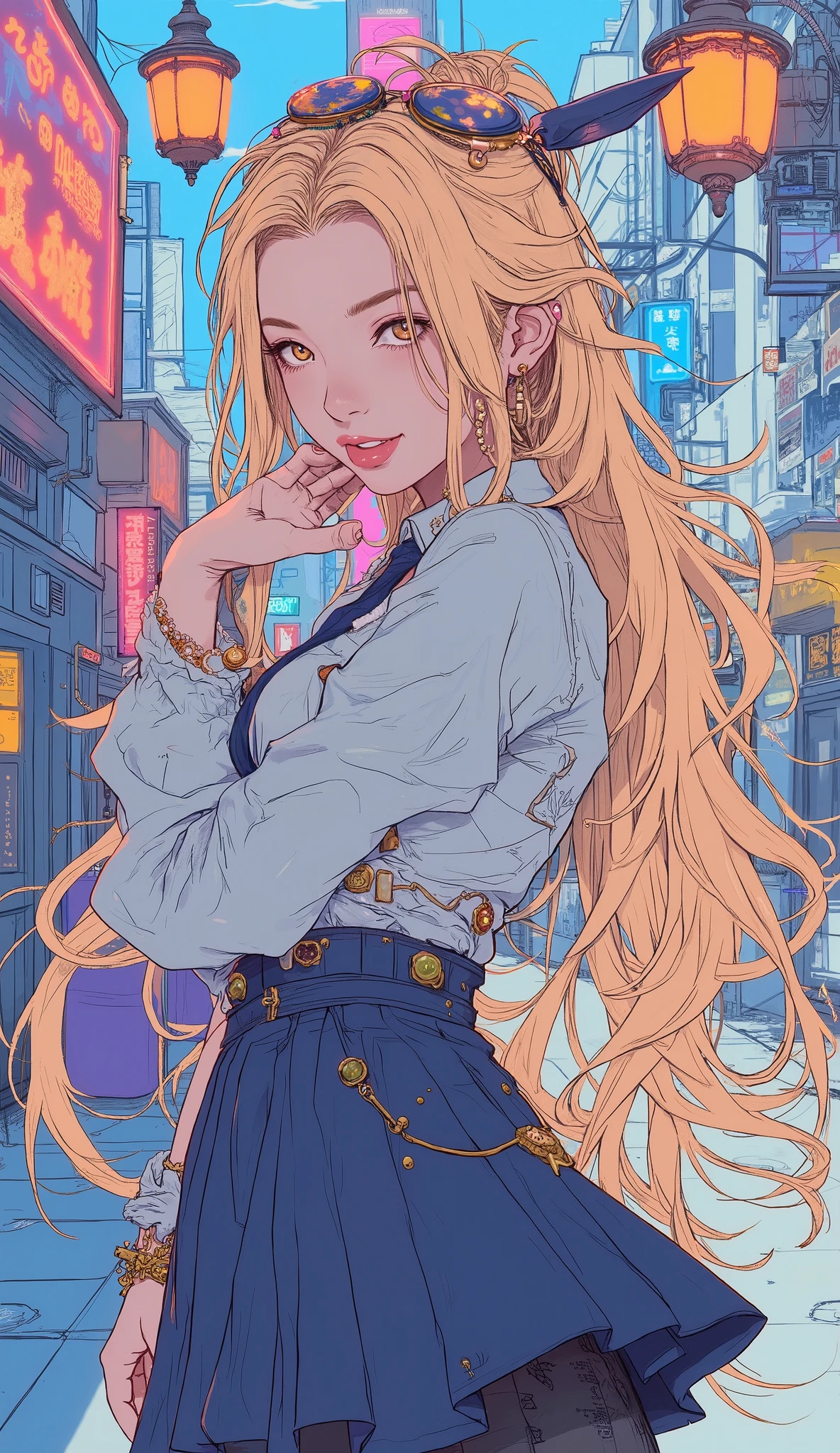 Simple and Positive xLv2, Jomarin, blonde hair, Long Hair, PinkEye, earrings, ear piercings, multi-colored hair, score_9, score_8_up, score_7_up, Source_anime, masterpiece,Highest Quality, big breasts, collared shirt , shirt with tie, Pleated Skirt , flashy修正, happy, flashy, Too Many Accessories, colorful , Kogal, Kogal gyaru, necklace, earrings, bracelet, back shot grabbed by the shoulder, doggystyle, Panchira