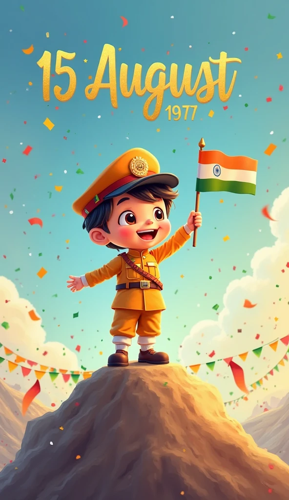 Make an image of a 6 year boy with a indian flag and the name of the boy kairav