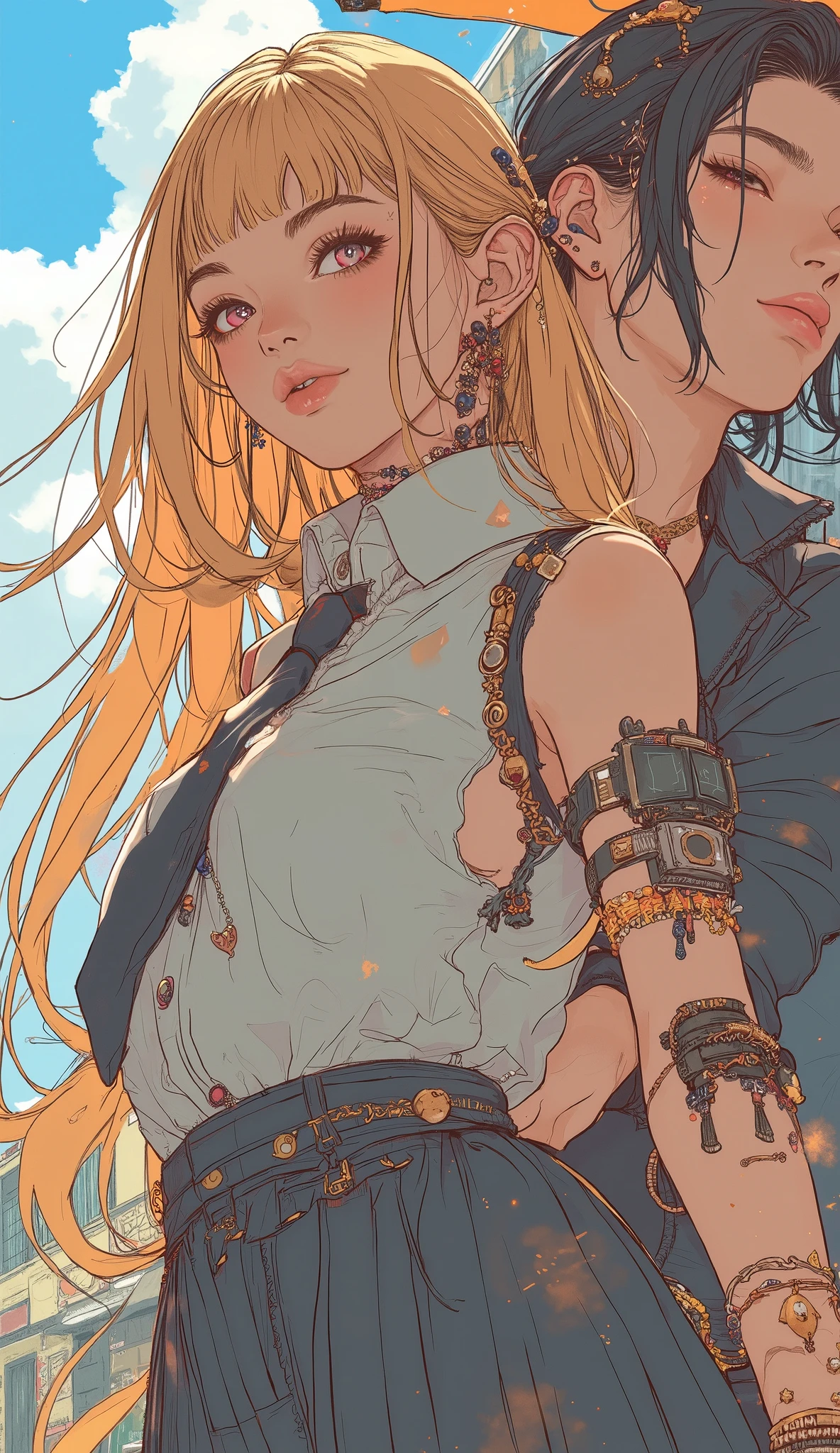 Simple and Positive xLv2, Jomarin, blonde hair, Long Hair, PinkEye, earrings, ear piercings, multi-colored hair, score_9, score_8_up, score_7_up, Source_anime, masterpiece,Highest Quality, big breasts, collared shirt , shirt with tie, Pleated Skirt , flashy修正, happy, flashy, Too Many Accessories, colorful , Kogal, Kogal gyaru, necklace, earrings, bracelet, back shot grabbed by the shoulder, doggystyle, Panchira