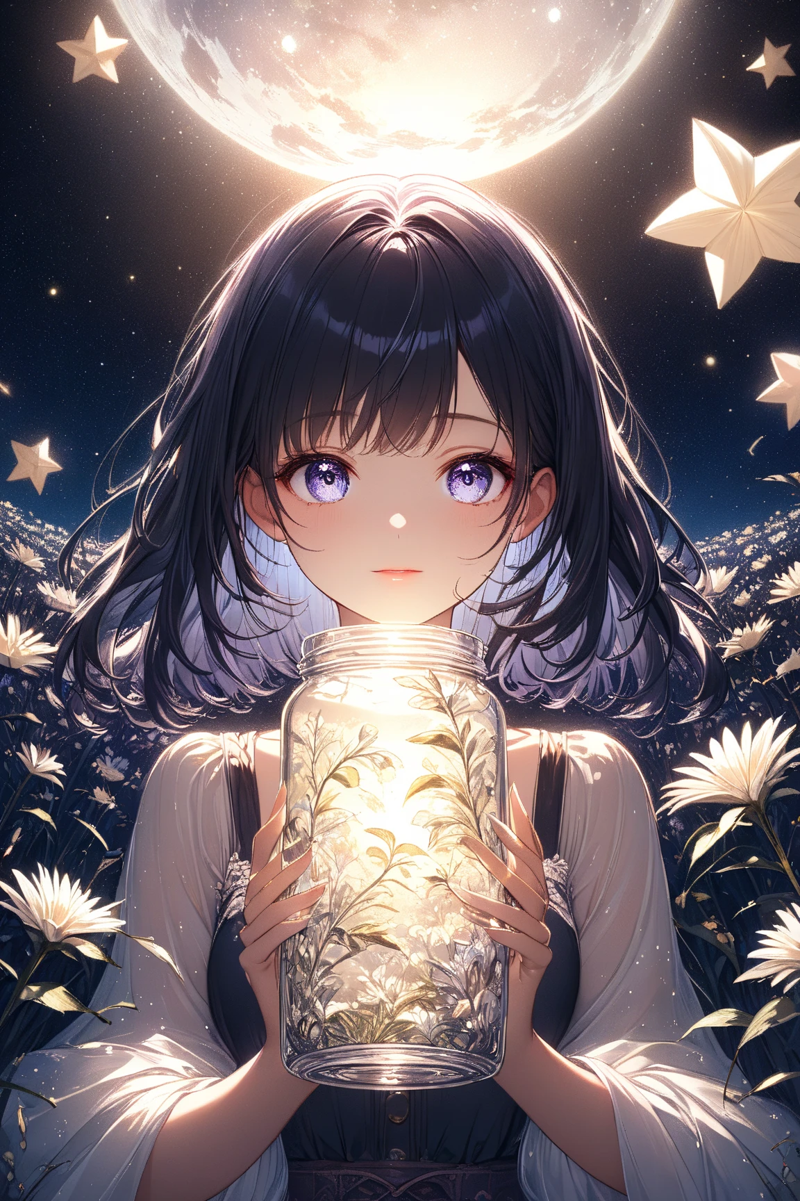 Black brown hair、poneyTail、verd s eyes、one good looking girl、独奏、animesque、lightly dressed、Plaid 、a black T-shirt、grass field、fullmoon、Meteor swarm、Glittering starry sky、rainbow butterfly flying、Colorful marbles