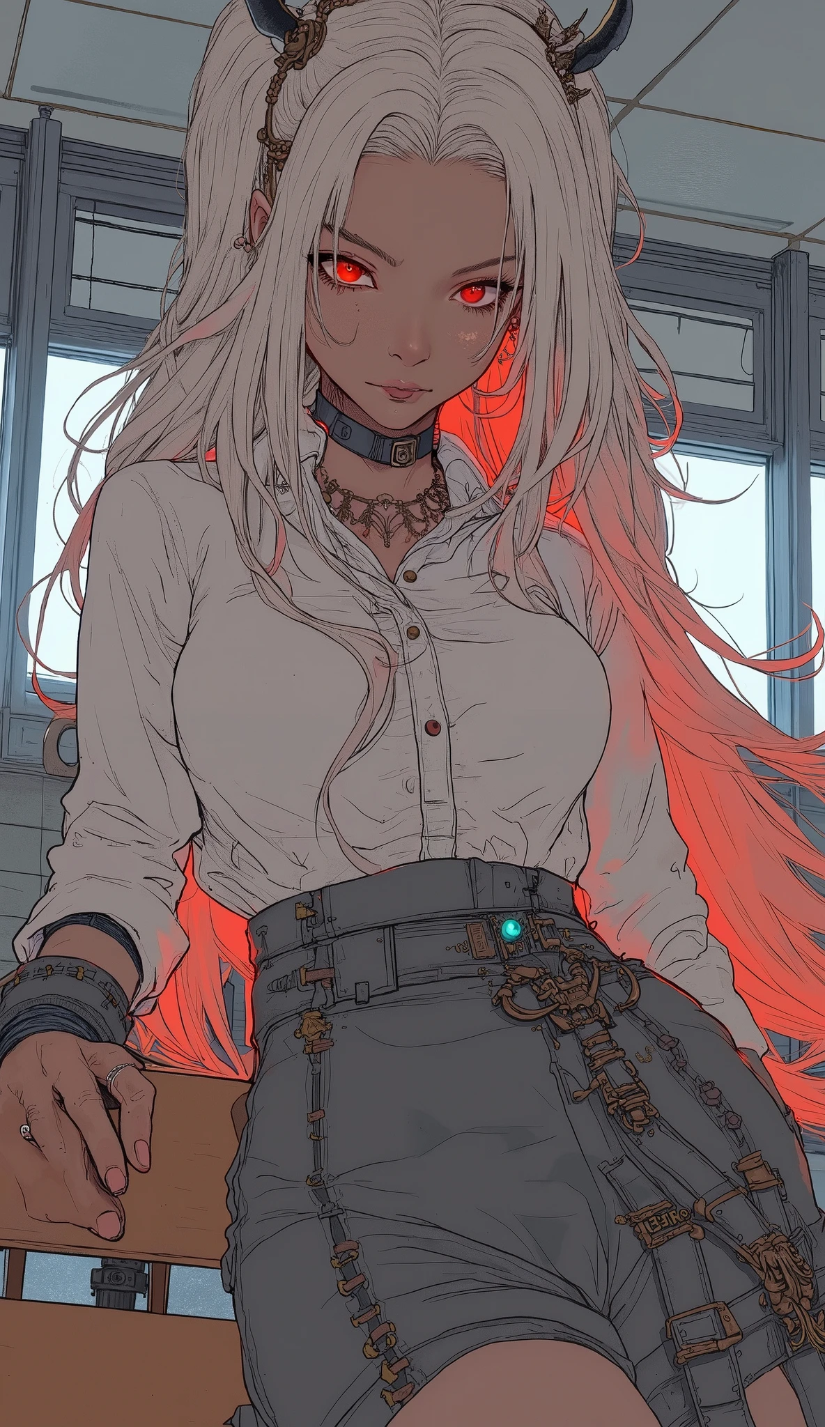 (masterpiece, Highest Quality), Super Detailed, 1girl, rimless, clothes, high ponytail, Blonde, gradation hair with full moon, Long Hair, Red Eyes, close one eye, classroom, standing, Put your hands on your lower back, lean forward, Evil smile, finger closed, school desk, In your notes, tongue with your hand, Dark skin, medium breasted, Disconnect, hair ornaments, earrings, necklace, bracelet, scrunchies, Gal, skirt, waist sweater that hangs over the leg, white shirt,