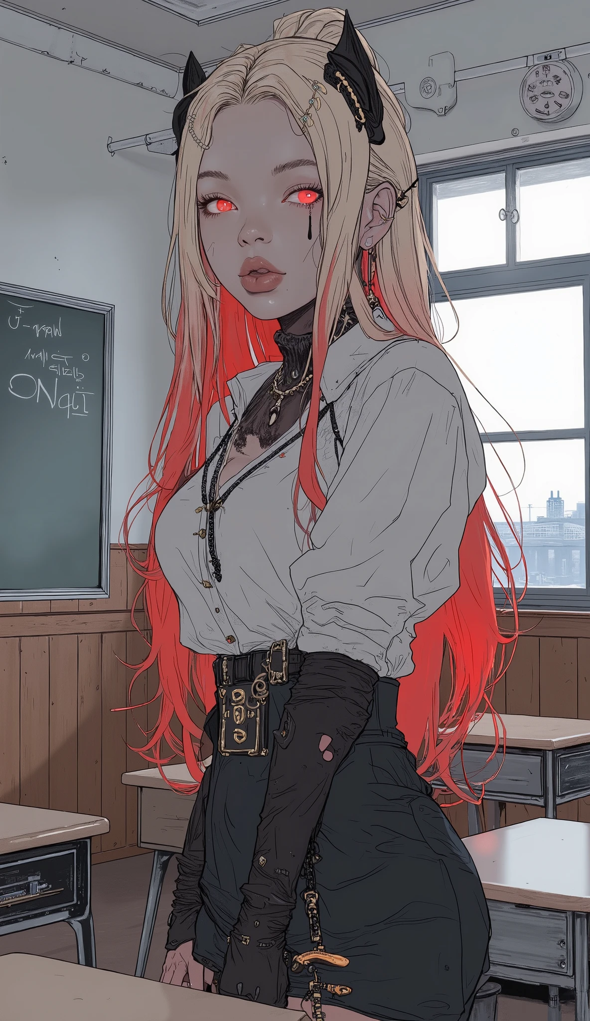 (masterpiece, Highest Quality), Super Detailed, 1girl, rimless, clothes, high ponytail, Blonde, gradation hair with full moon, Long Hair, Red Eyes, close one eye, classroom, standing, Put your hands on your lower back, lean forward, Evil smile, finger closed, school desk, In your notes, tongue with your hand, Dark skin, medium breasted, Disconnect, hair ornaments, earrings, necklace, bracelet, scrunchies, Gal, skirt, waist sweater that hangs over the leg, white shirt,