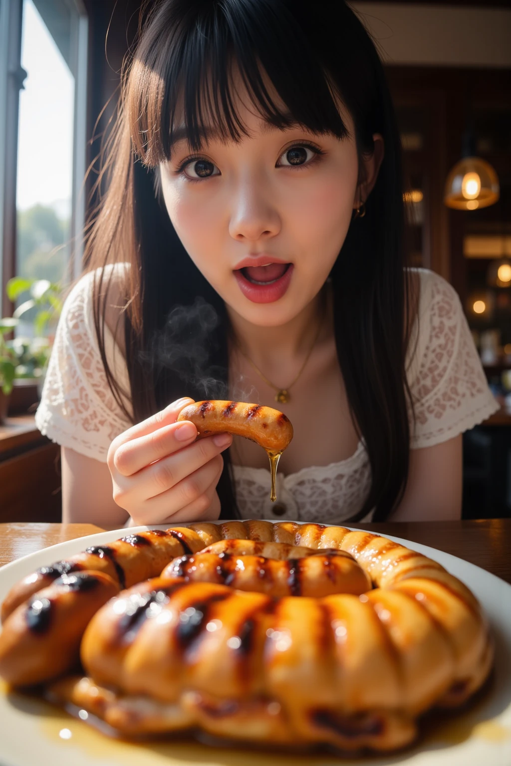 (best quality:1.2), masterpiece, Realistic, Ultra-high resolution, (((a beautiful Japanese idol 12 years old woman:1.2))), ((Gaunt:1.3)), (((Very flat chest:1.4))), ((Baby Face)), villainess, arms up, show me your armpit:1.2, (((tip of sausage touches her armpit:1.2))), (She has condensed milk poured all over her body), (completely :1.2), ((Armpits are wet and shiny with sweat:1.2)), She has skin that sweats easily Soaking wet, Sweaty, ((I can see my pores:1.4)), ((Frightened expression:1.3)), (((Put a very-long-sausage in her mouth:1.3))), ( chamber, prison:1.5)