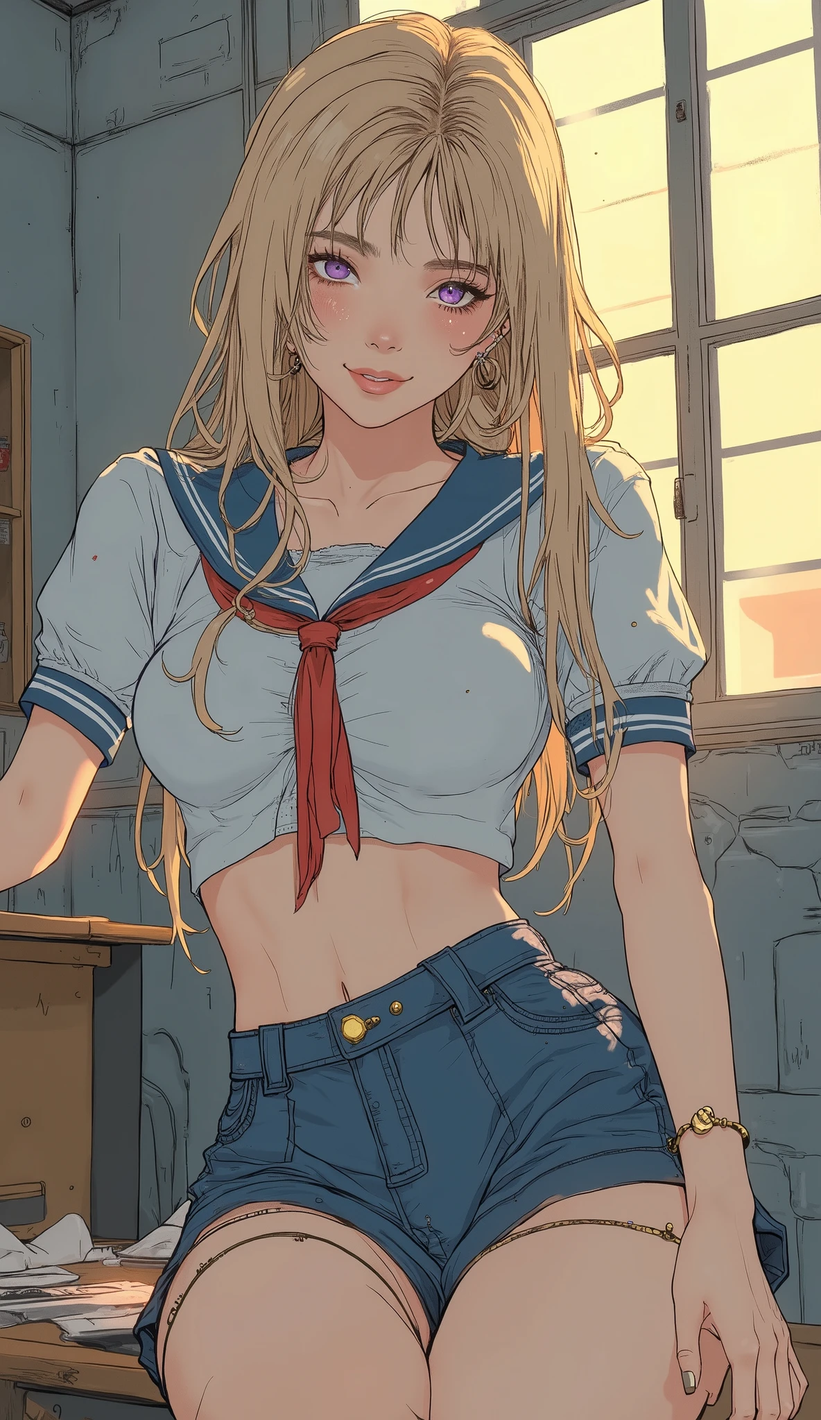 (score_9, score_8_up, score_7_up, score_6_up), anime, high-resolution images, beautiful girl with slim body, (masterpiece, detail:1.2), ( 1 gal girl :1.5), (Blonde, long wave hair, Bang), (earrings, ear earrings), (Dynamic Poses), rimless, (Blushing, excited, smile), (purple eyes, Detailed eyes ), Beautiful Eyes, (big healthy breasts:1.2), (Thick hips, thighs thicker with canon), (beautiful detail face, beautiful Detailed eyes ), ((sailor suit,  Red ribbon, blue pleated skirt)), (shiny sweat), Classroom, ((cowboy shot showing waves:1.3)), enchanting, wet skin, sweaty, very wet skin, shiny skin, Lustful skin , erotic skin, Sweat dripping on my skin, steamed body