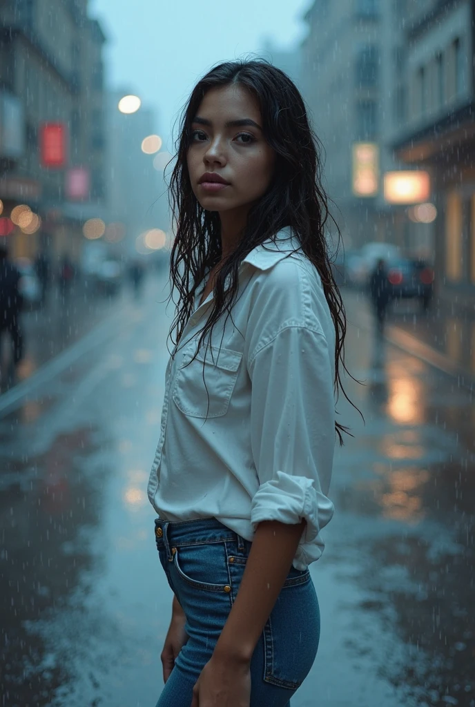 A cinematic up close photo capturing a young woman with expressive brown eyes and messy brunette hair, in the middle of a dramatic scene. She wears a casual t-shirt and distressed jeans. The background unfolds a rainy city street, immersing the viewer in the narrative. The epic character composition, combined with sharp focus and natural lighting, brings the captivating image to life. The subsurface scattering effect adds a touch of ethereal glow, while the f2 aperture and 35mm lens create a perfect balance of depth and detail.
<lora:CineStyle5:0.7> 111cine8matic55