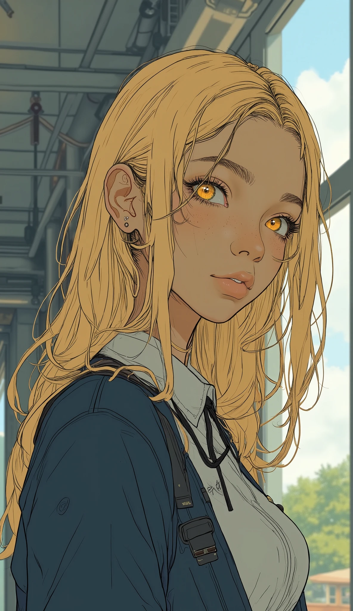 masterpiece,Highest Quality,Super Detailed, dark-skinned female ,blonde long hair,yellow eyes,school, uniform,On one side, Shy,thick face, of,is embarrassed,