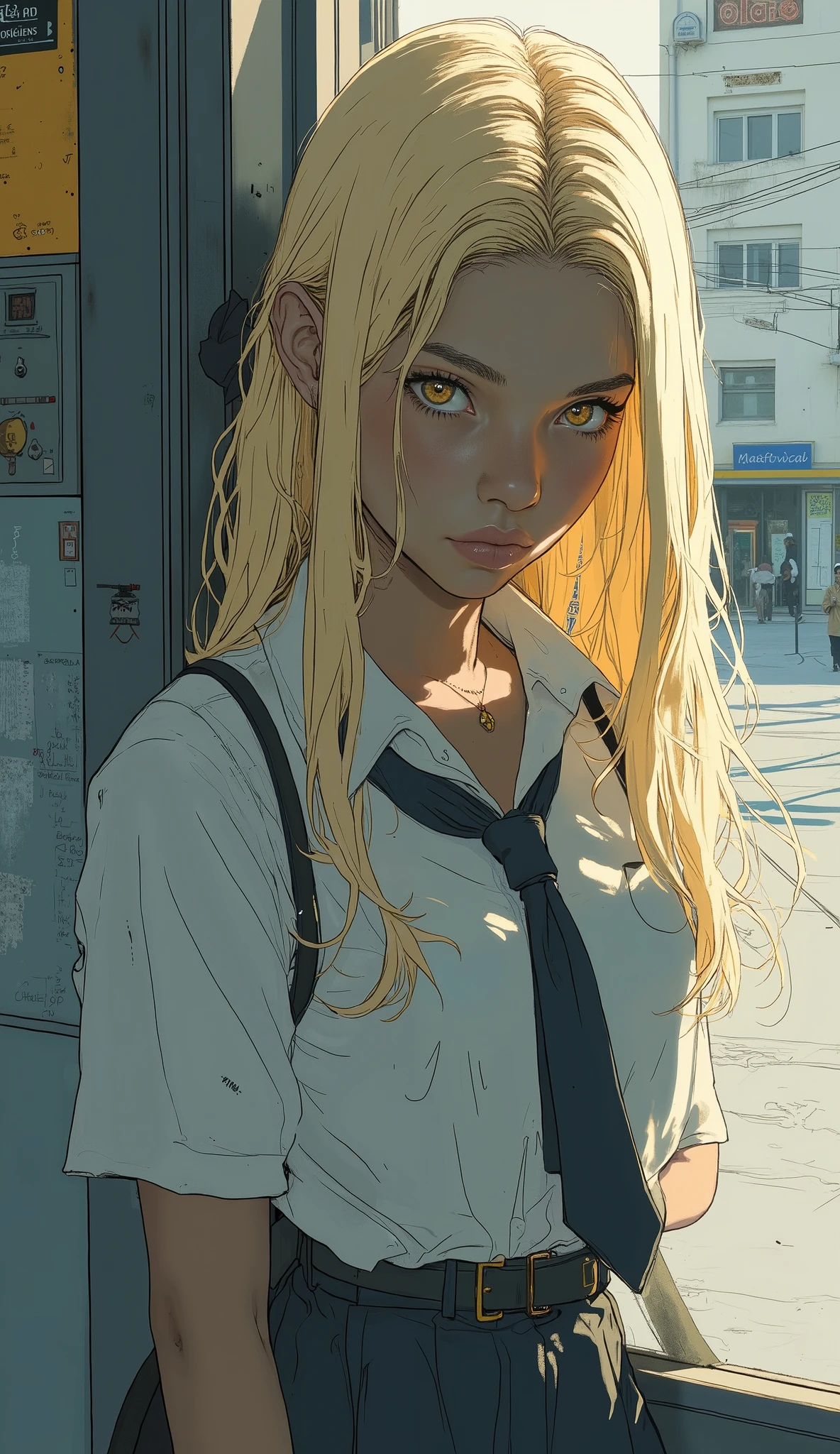 masterpiece,Highest Quality,Super Detailed, dark-skinned female ,blonde long hair,yellow eyes,school, uniform,On one side, Shy,thick face, of,is embarrassed,