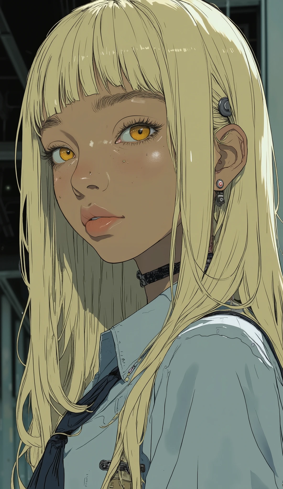 masterpiece,Highest Quality,Super Detailed, dark-skinned female ,blonde long hair,yellow eyes,school, uniform,On one side, Shy,thick face, of,is embarrassed,