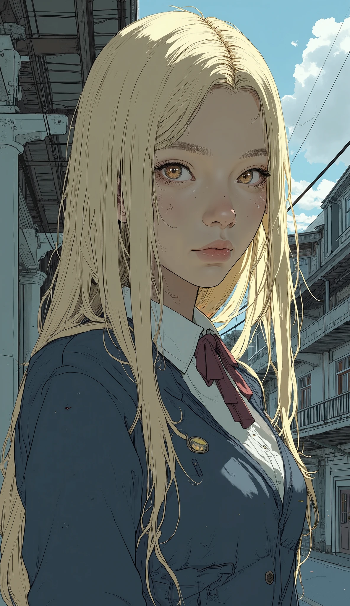 masterpiece,Highest Quality,Super Detailed, dark-skinned female ,blonde long hair,yellow eyes,school, uniform,On one side, Shy,thick face, of,is embarrassed,