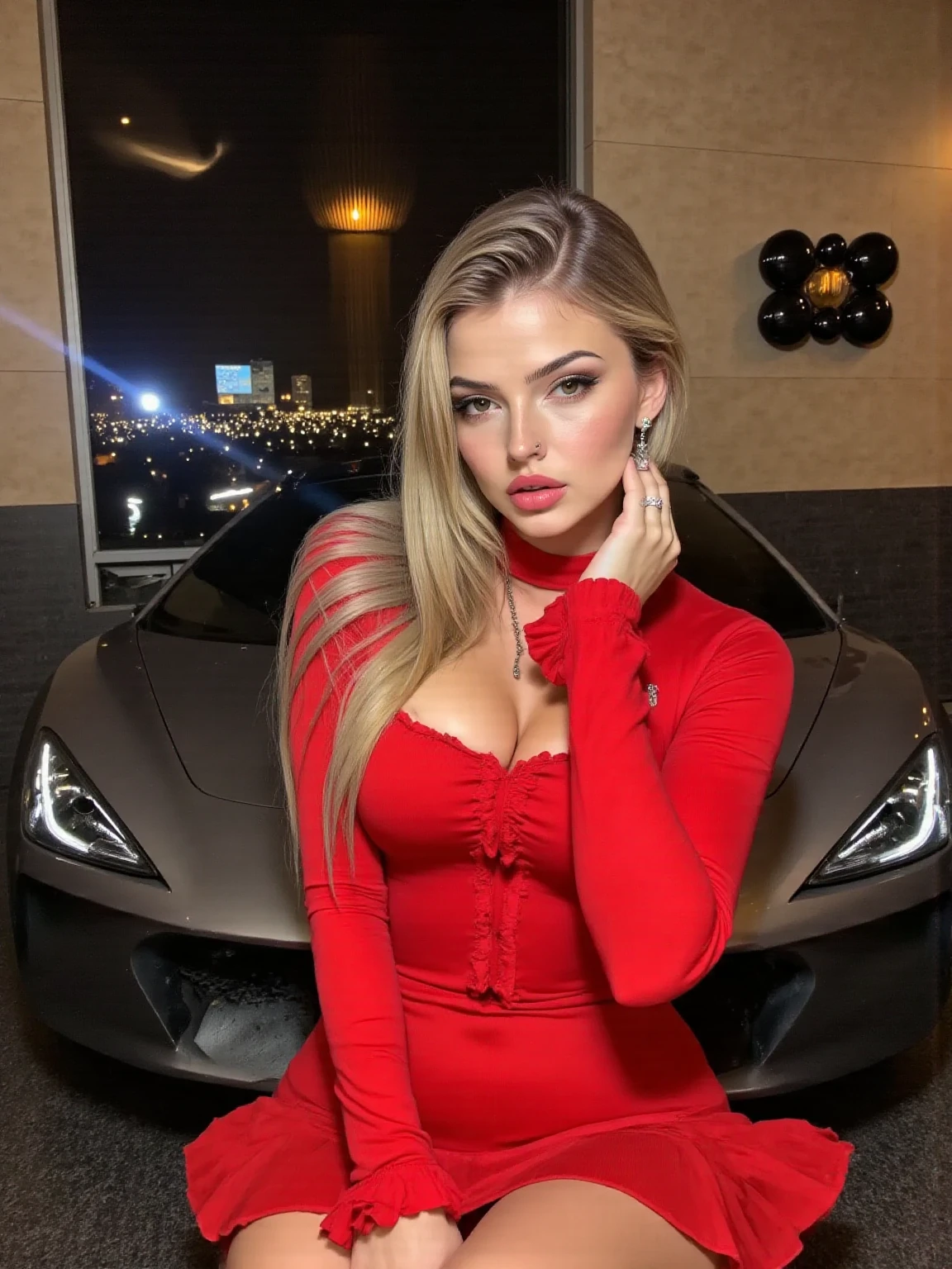 araffe in a red dress sitting in a car, instagram model, sexy dress, sexy girl, lacey, sexy red dress, very sexy outfit, sexy look, 18 years old, sexy outfit, blonde goddess, sitting in her car, gorgeous lady, wearing sexy lingerie, cute woman, low cut dress, cute girl, sexy gaze, looking hot