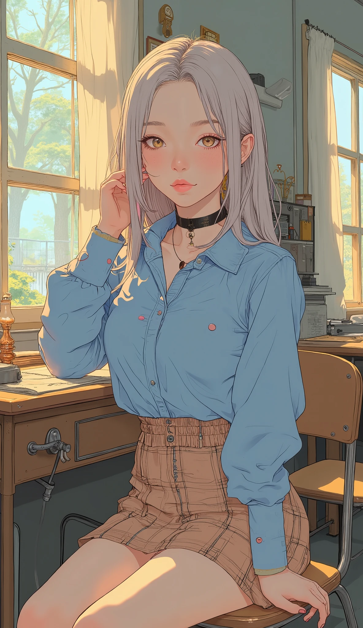(masterpiece:1.3, top quality, super high resolution, Super Detailed), (realistic, photorealistic:1.4), Beautiful Illustrations, perfect lighting, natural light, colorful, depth of field, 2025's , ,
beautiful hair in every detail, Beautiful Detail Face, beautiful detailed eyes, (perfect anatomy, Anatomically Accurate, Super Detailedな肌), (tan brown skin), (Dark skin), shiny skin,
rimless, 1 girl, female middle school student, cute and symmetrical face, perfect face, PERFECT EYES, perfect body, baby face, cute face:1.2, Tiny,
(Long Hair, straight hair, Long Side Locks, ash-blond hair without socks, pink streaked hair), bangs, dry hair, pink eyes, big eyes, Slanted Eyes, long eyelasher, (medium chest, narrow west , attractive thighs), slender,
(Detailed Fabric Textures), BREAK (short sleeve light blue collared shirt:1,1), BREAK (light brown plaid pleated skirt:1.1), BREAK (black choker:1.1), BREAK
(beautiful scenery), evening, detailed background, (school classroom:1.5), , (cross your legs, hand in own hair), (nice smile, Upward glance, parted lips),