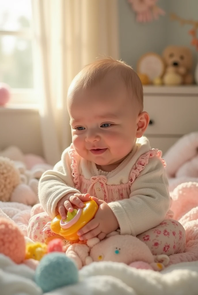 on a light background, Funny Newborn Baby , rosy-cheeked, Very fat, The eyes are blue, smiles and looks at the viewer, holds a pacifier, in a white basket, snow-white on the sides , transparent blue lace, frill, next to a blue flower of a white lotus, covered with a transparent veil, a transparent pink on the side of the head , 8 K (masterpiece), ((top quality)), (super detailed), arms and legs folded funny, makes you smile , holding a blue pacifier with a bottle,