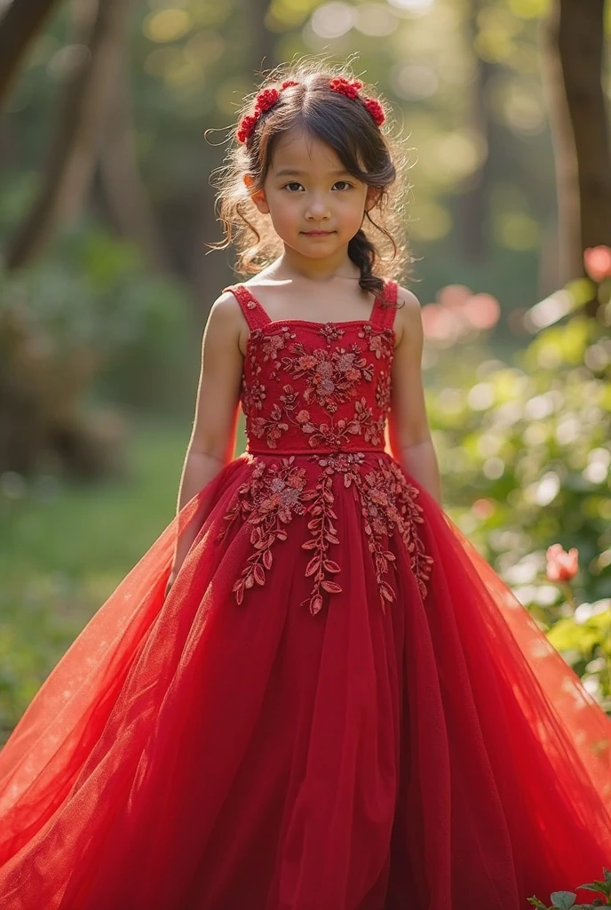 Fashion photography of children, red dress, strong sense of design, medium shot, 8-year-old girl, Indian little girl, long hair, hair accessories, delicate skin, cute and lively, simple background, high texture, backlight, professional studio lighting