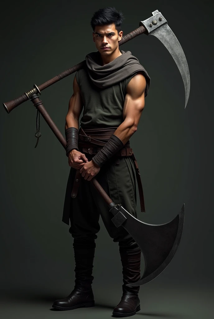 (photorealism:1.2), handsome young Malay teenager boy shirtless wielding a 60cm keris, his brown body sweating, wearing a silver bracelet and a G-Shock watch.
