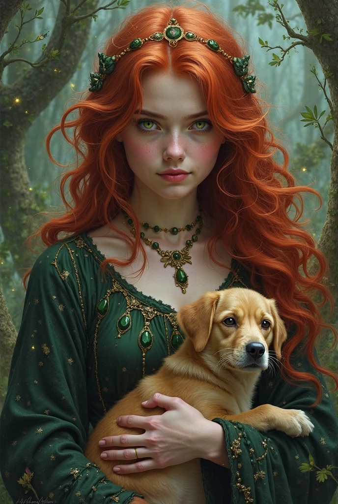 A beautiful witch with red hair and green eyes, dog in her arms - SeaArt AI