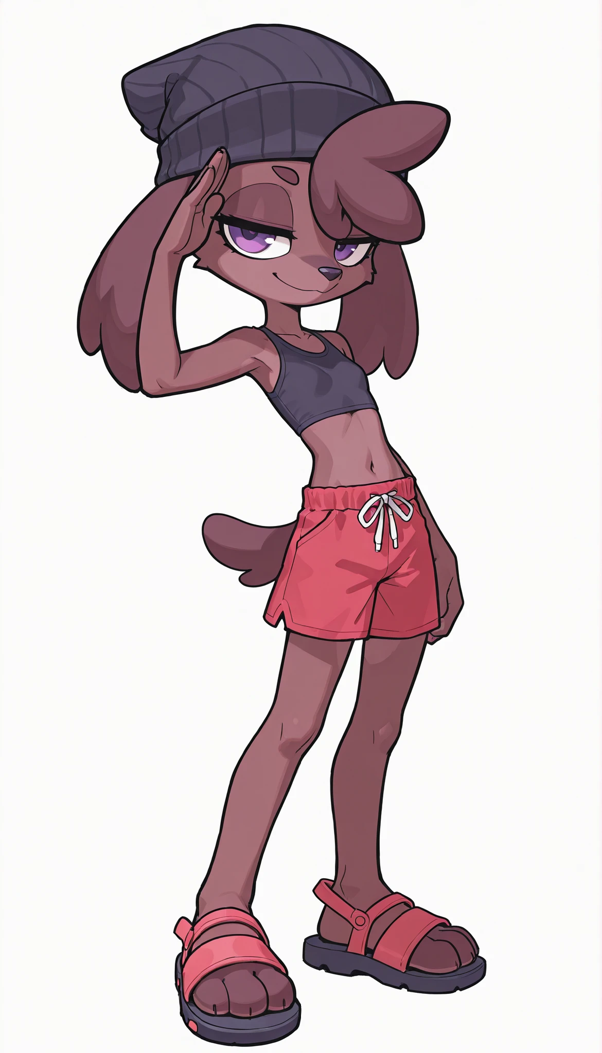 score_9, score_8_up, score_7_up, 1girl, solo, alone, masterpiece:1, best quality:1, amazing quality:1.5, very aesthetic:1.5, absurdres:1.5, newest, thick outline, black outline, Zoe, 1girl, solo, furry, furry female, purple eyes, animal ears, tail, ((beanie, hat, dark blue tankini, midriff, red swim trunks, sandals)), (very skinny:1.0), (Small, Short:1.1), (young cub:1.2), half closed eyes, short stature, full body, feets with three toes, smile, salute with one hand, white background, simple background,