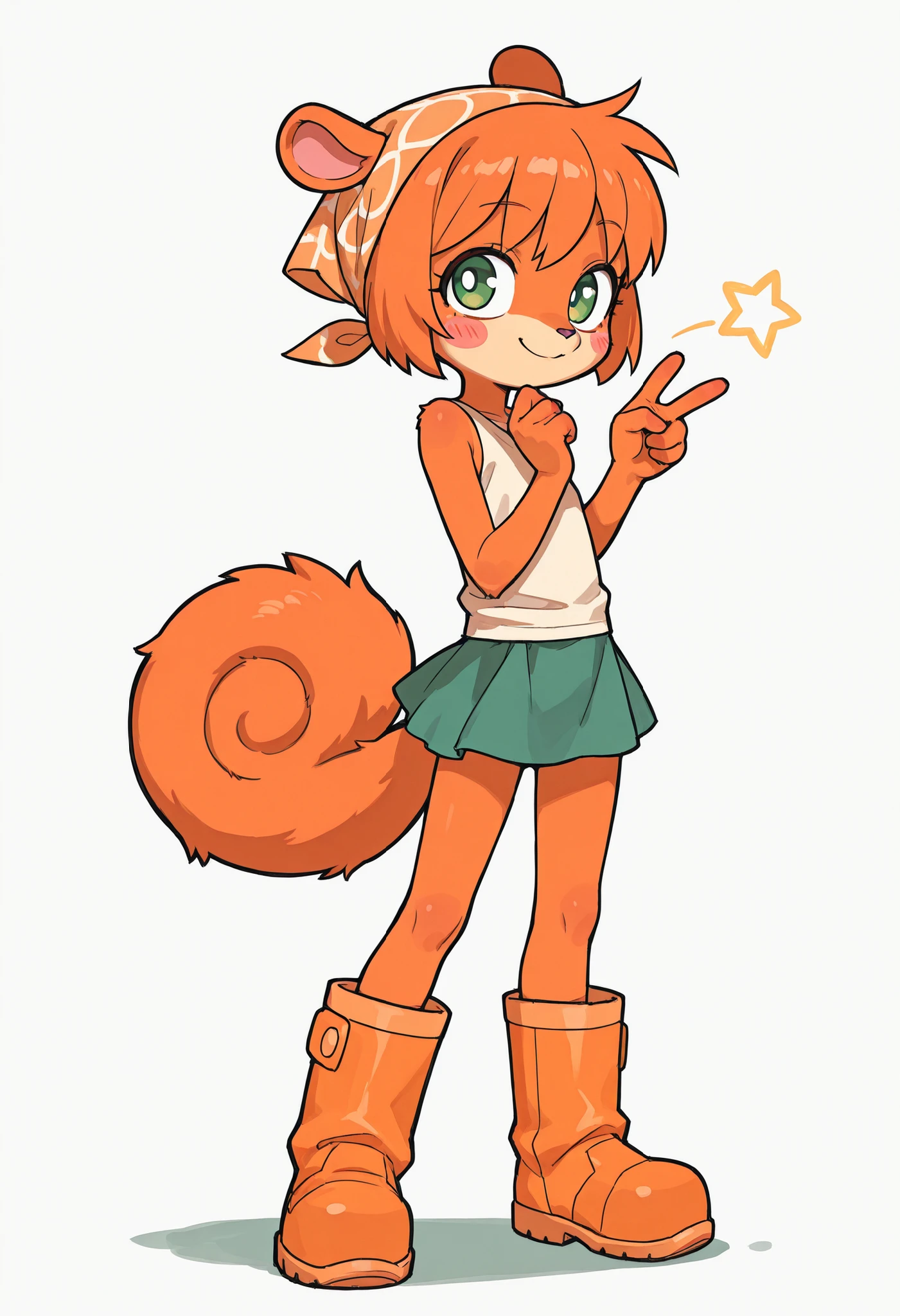 score_9, score_8_up, score_7_up, 1girl, solo, masterpiece:1, best quality:1, amazing quality:1.5, very aesthetic:1.5, absurdres:1.5, newest, thick outline, black outline, Mitzi, 1girl, furry, furry female, short hair, tail, animal ears, green eyes, squirrel tail, orange hair, blush stickers, ((headscarf, shirt, boots, sleeveless, sleeveless shirt, orange footwear, skirt)), (very skinny:1.0), (Small, Short:1.1), (young cub:1.2), big head, short stature, v, peace sign with one hand, smile, white background, simple background, 