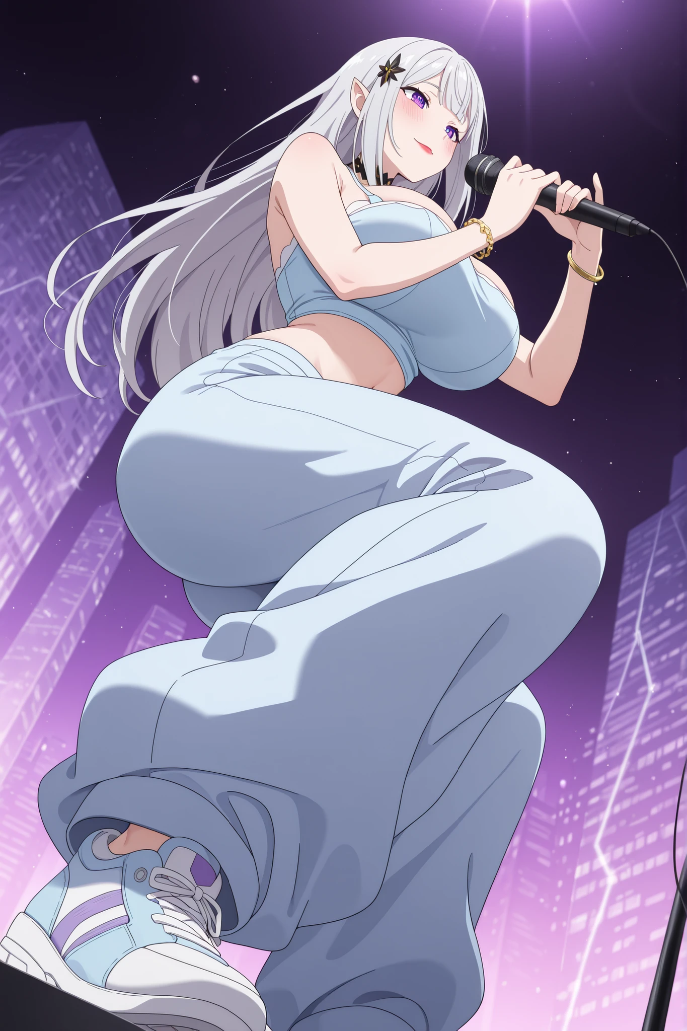 newest , masterpiece , anime screencap , anime coloring , adult ReZero, Solo, long dress, Satella, Anime, 1girl, Mature Female, pointy ears, hair ornament, blush, silver hair, long hair, closed mouth, light smile, lips, Red lipstick, purple eyes, huge breasts, big butt, view detailed body, ((bare shoulders, jewelry, bracelet, midriff, light blue crop top, choker, pants, baggy pants, sneakers,)), ,((singing, holding microphone , from below , dramatic angle , dutch angle ,)), city korean,