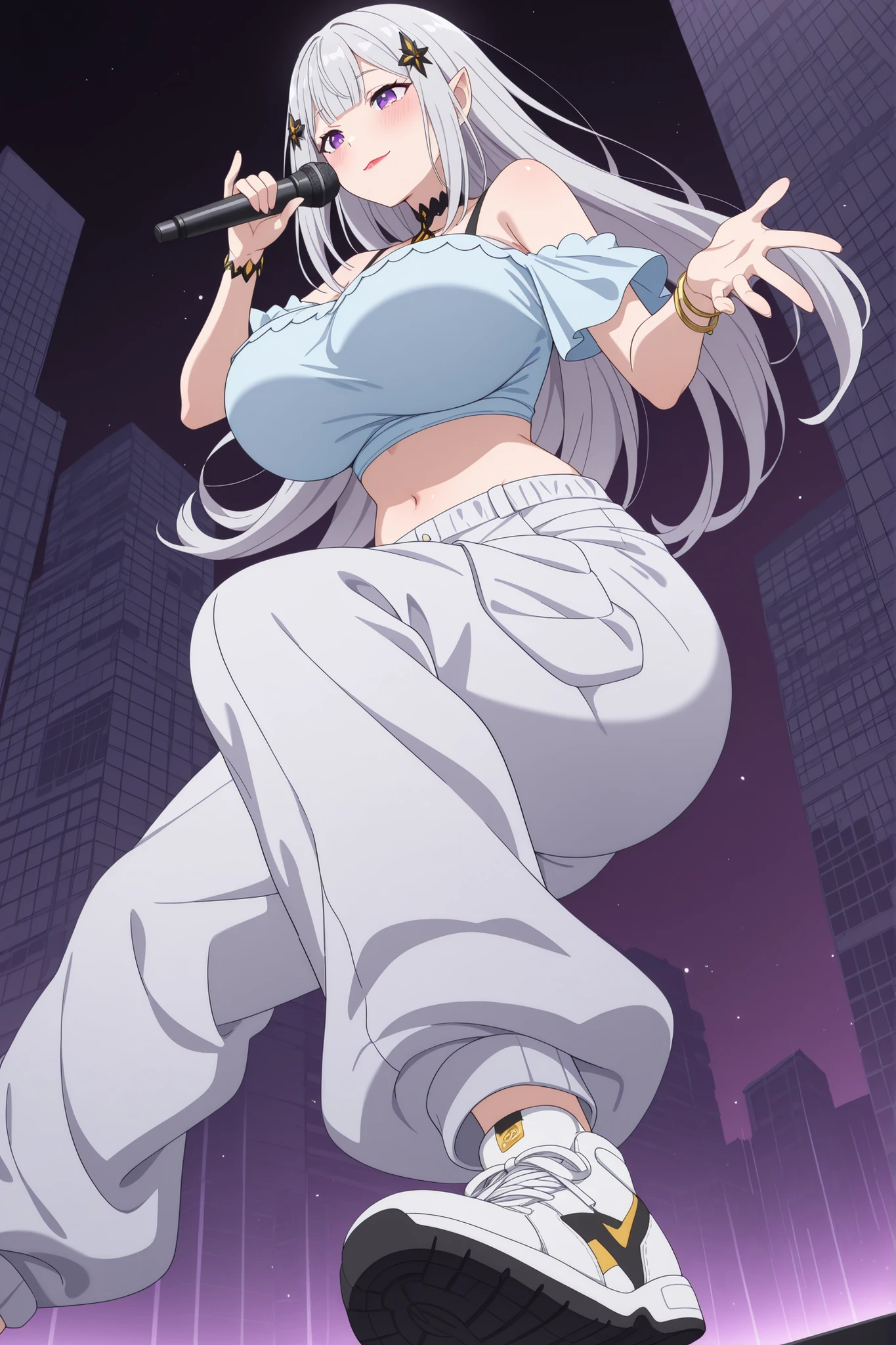 newest , masterpiece , anime screencap , anime coloring , adult ReZero, Solo, long dress, Satella, Anime, 1girl, Mature Female, pointy ears, hair ornament, blush, silver hair, long hair, closed mouth, light smile, lips, Red lipstick, purple eyes, huge breasts, big butt, view detailed body, ((bare shoulders, jewelry, bracelet, midriff, light blue crop top, choker, pants, baggy pants, sneakers,)), ,((singing, holding microphone , from below , dramatic angle , dutch angle ,)), city korean,