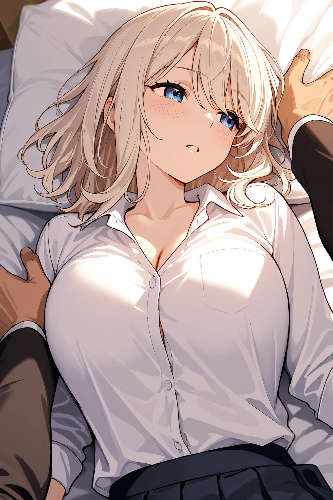 (masterpiece, best quality), NSFW, 1girl, lying, on side, (lifting covers:1.2),
BREAK (torogao:1.3), (half-closed eyes:1.27), heavy breathing, humid, smile,
BREAK girl, 10yo, loli, huge breasts, (blonde hair, (short hair):1.3), pixie cut red eyes, (dark skin:1.4), heart neckless,
BREAK , (shirt tucked in, white collared shirt:1.3), button gap, sleeves rolled up, bracelet,
BREAK cleavage,
BREAK black pleated skirt, miniskirt, black socks,
BREAK on bed, bedroom, bed side lamp, deep shadow, night, bed_invitation