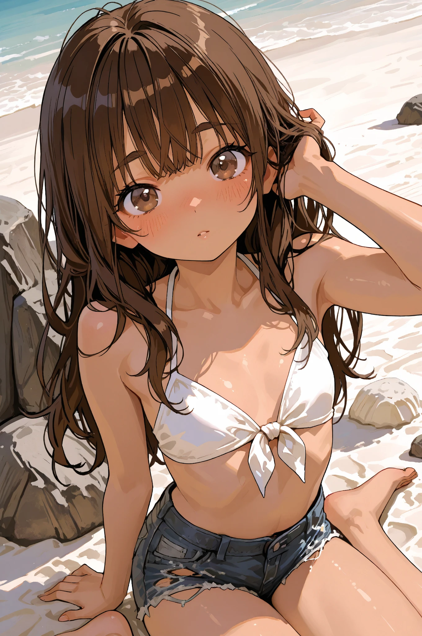 10 years old,Girl,,Flat Chest,naked,Full nudity,Highest quality、High resolution、Detailed Background、Beautiful face in every detail、Teenage Beauty、Cute hair colour、Brown Hair、Black Hair、Bobcut、Twin tails、Big smile、boost mood、 Summer sun、Shining Sea,Angle from below、Leg spread、Embarrassing、

