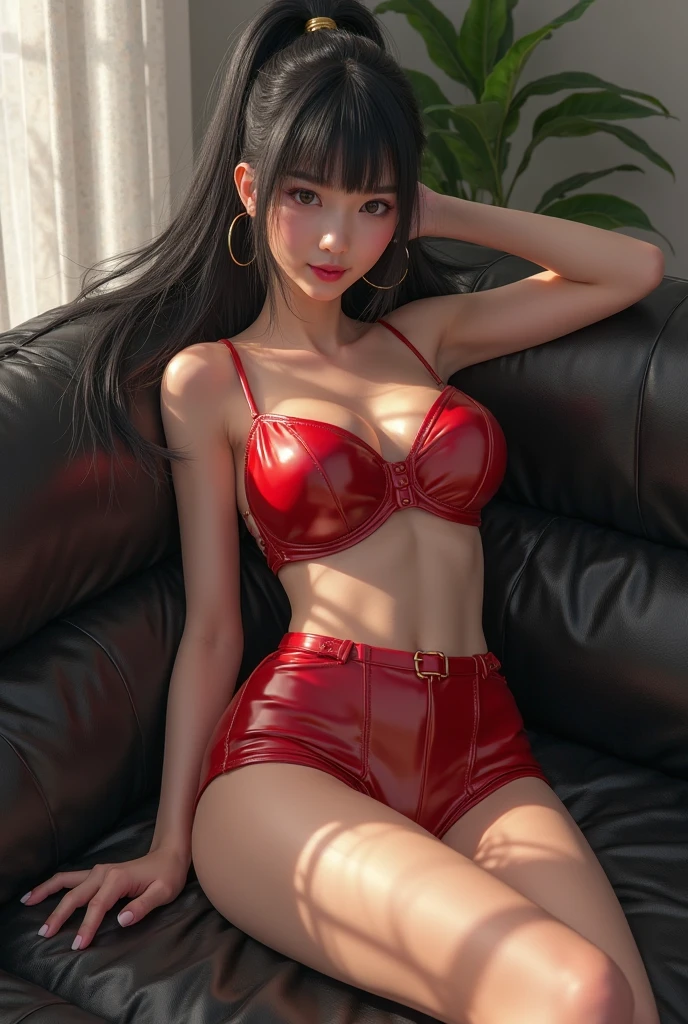 (best quality, 8k, highres, photorealistic:2.0), (solo, one girl:2.0),(lighting: strong),(lighting: front),(toned body girl:2.0),(A girl with amazing abdominal muscles:1.7),(shiny skin:1.5),(light brown hair color:1.5),(very elegant hairstyle),(Bend your legs and open your thighs:1.8),(red blouse:1.6),(collar blouse:1.2),(long sleeve blouse:1.3),((tight blouse:1.7)),(Emphasize cleavage:1.5),(barefoot girl:1.1),((open blouse button:1.2)),((Wearing Extremely erotic panties:1.5)),(wearing tiny panties:1.5),(wearing T-front panties:1.5),(wearing black panties:1.5),((Girl leaning on an old leather sofa:1.2)), ultimate beautiful Japanese girl, Blush brown makeup , dark eye makeup ,pink lipstick,(big beady eyes girl:1.5),(cool beauty women:1.5),(very dignified),(Navel is visible),(A girl who enjoys showing her panties to her viewers:1.8),((shape of erect nipples appears on the surface of the blouse:1.1)),(The eroticism of a very elegant woman:1.5),(Intense sex appeal of young women:1.5),(she orders the guy to masturbate hard:1.3),(she strikes a sexually bold pose:1.3),(She gets excited watching viewers masturbate),(She commands the viewer to masturbate intensely),(A man is masturbating while looking at her:1.5),(she has a sadistic personality:1.6),(Do sexy poses for viewers to masturbate),(she always takes the initiative in sex),(A sexually attractive woman who attracts men:1.5),(she likes to perform sexual pranks on men:1.3),(She mentally dominates and subjugates men.),(Erotic that all men get an erection just by looking at it),(protruding pubic hair),(pussy is covered in pubic hair),(look at the viewer with blank eyes:1.4),(woman sexually abusing a man:1.3),(woman who humiliates a man:1.3),(Her body is super erotic:1.5),(Truly a goddess of beauty),(woman who makes erotic temptations:1.8),(woman who is confident in herself),(like a whore:1.5)