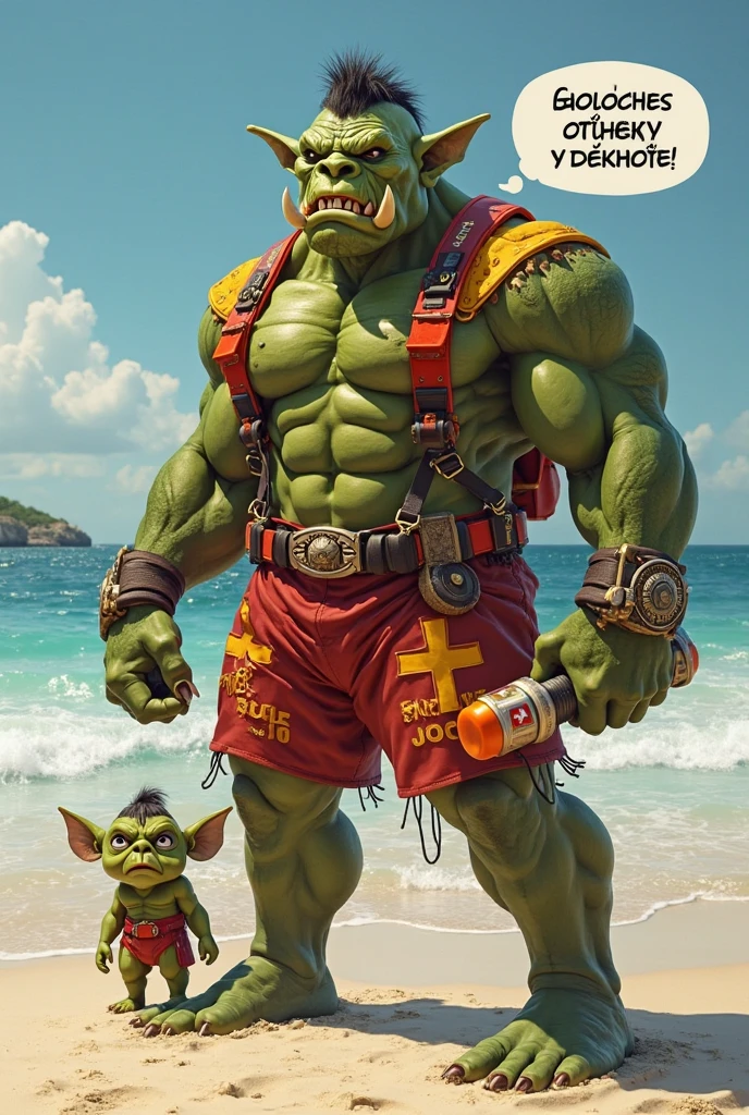 A very small, fat, bald dwarf with a cowboy hat, gym clothes, a sweaty headband, a small brown mustache and a gold chain. He was with his friend Sherek, a green ogre with gym clothes and a sweaty red headband, training hard.💪