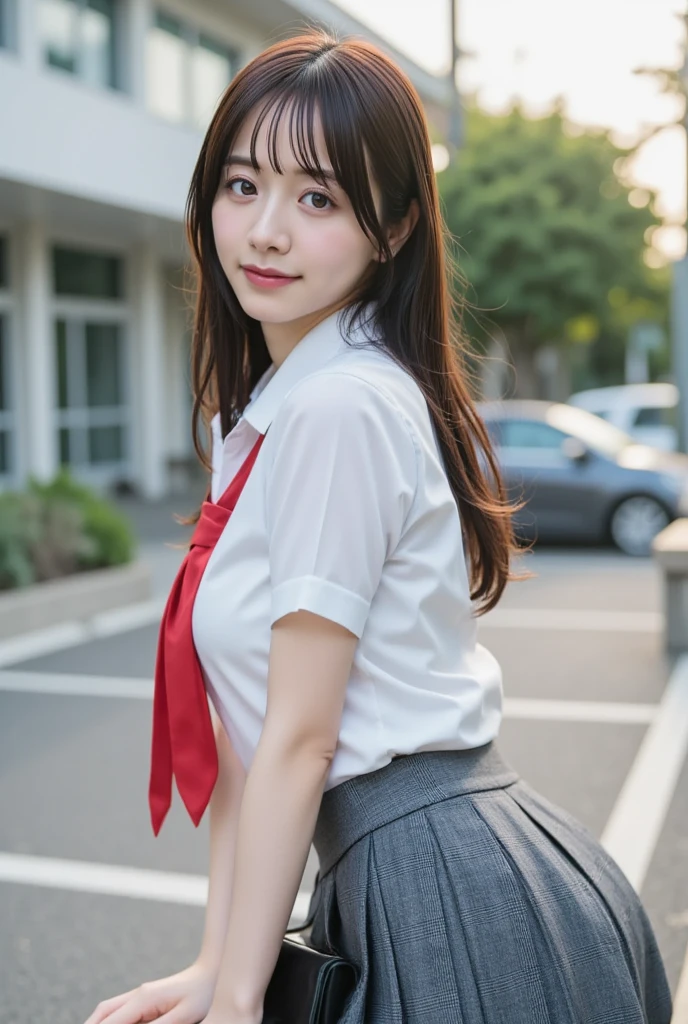 Dressed in Japan uniform、Girl in Japan uniform、Japanese high school students、white  shirt、Got a red ribbon、Long body、